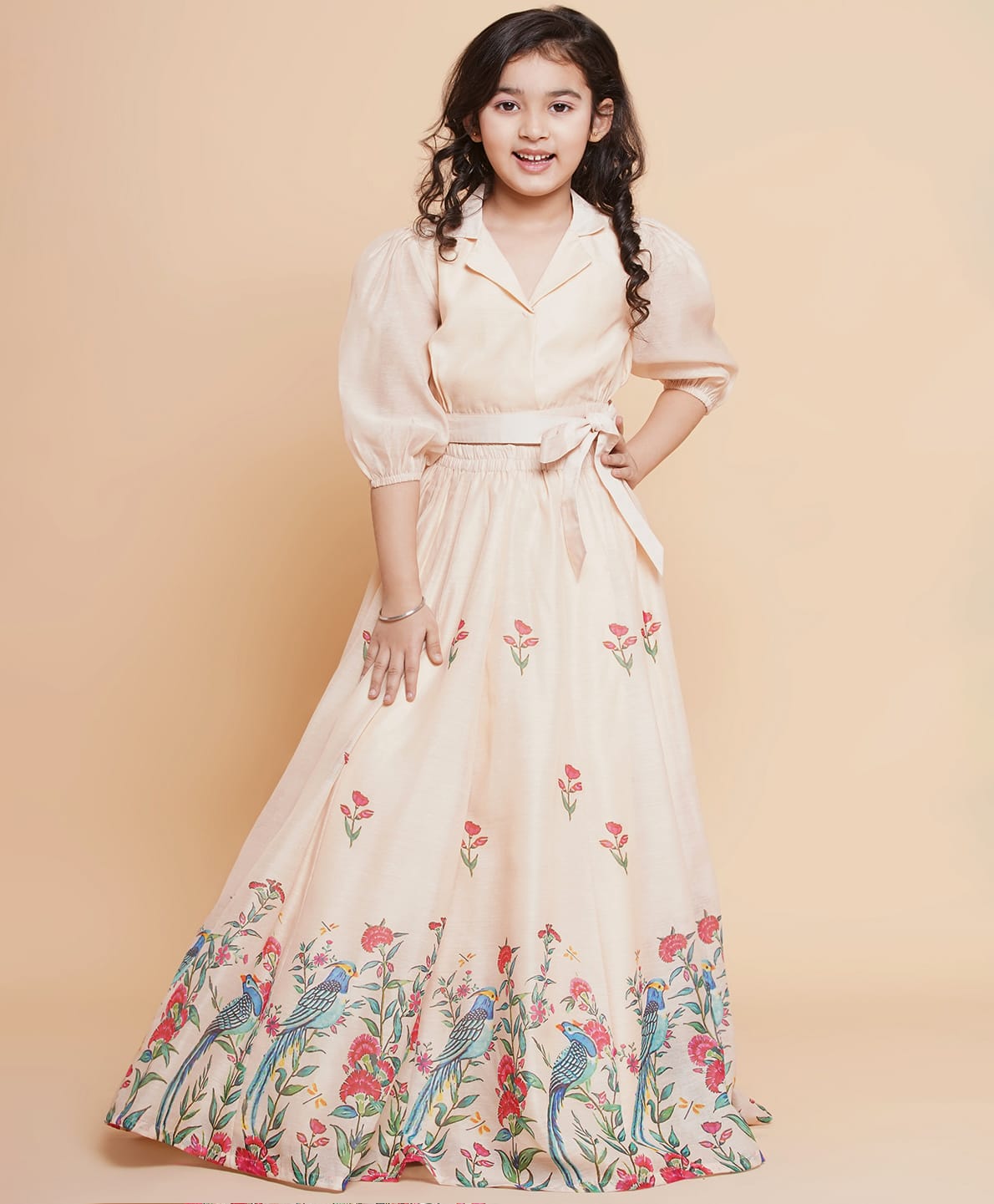 Bitiya By Bhama Silk Blend Woven Three Fourth Sleeves Solid Top & Floral Printed Lehenga Set - Beige-image-3