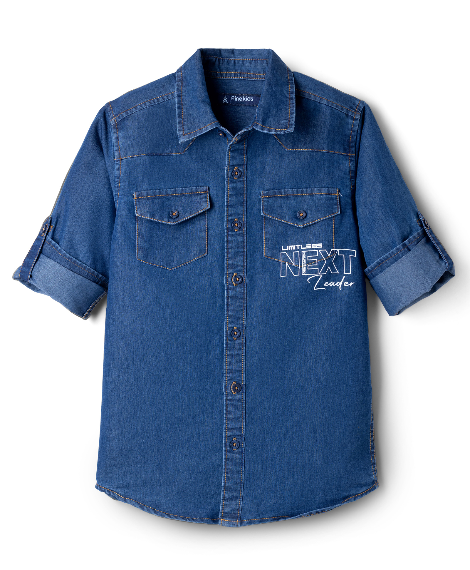 Pine Kids Cotton Woven Denim Shirt with Full Sleeves and Next Leader Print - Navy Blue-picture-37