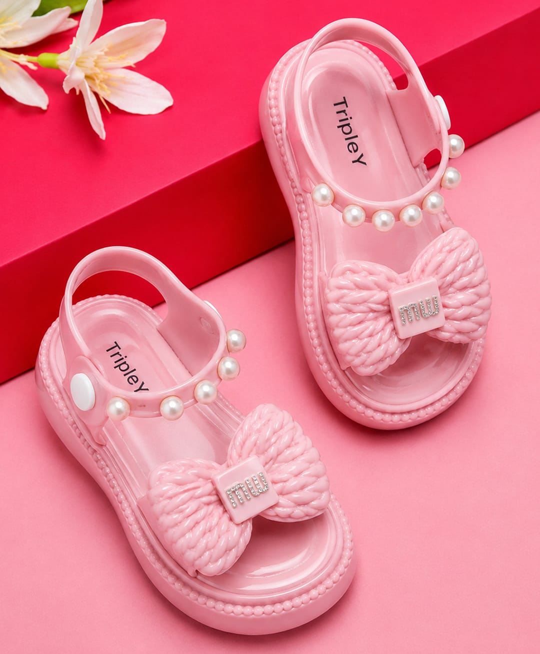NEW STEPS Bow Applique Detailed Pearls Embellished Button Closure Sandals - Pink-image-43