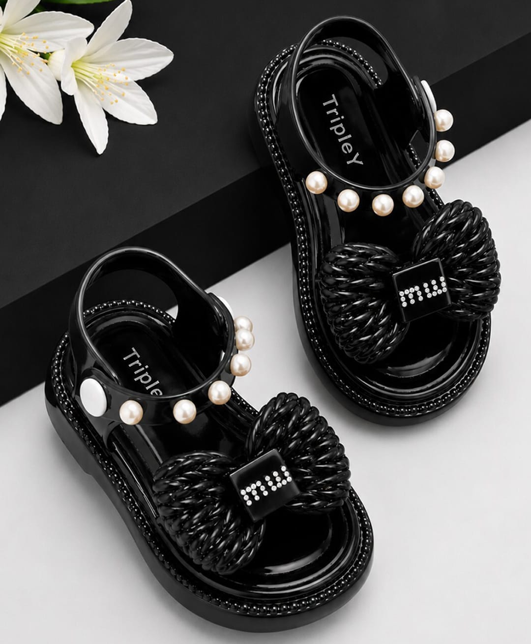 NEW STEPS Bow Applique Detailed Pearls Embellished Button Closure Sandals - Black-picture-40