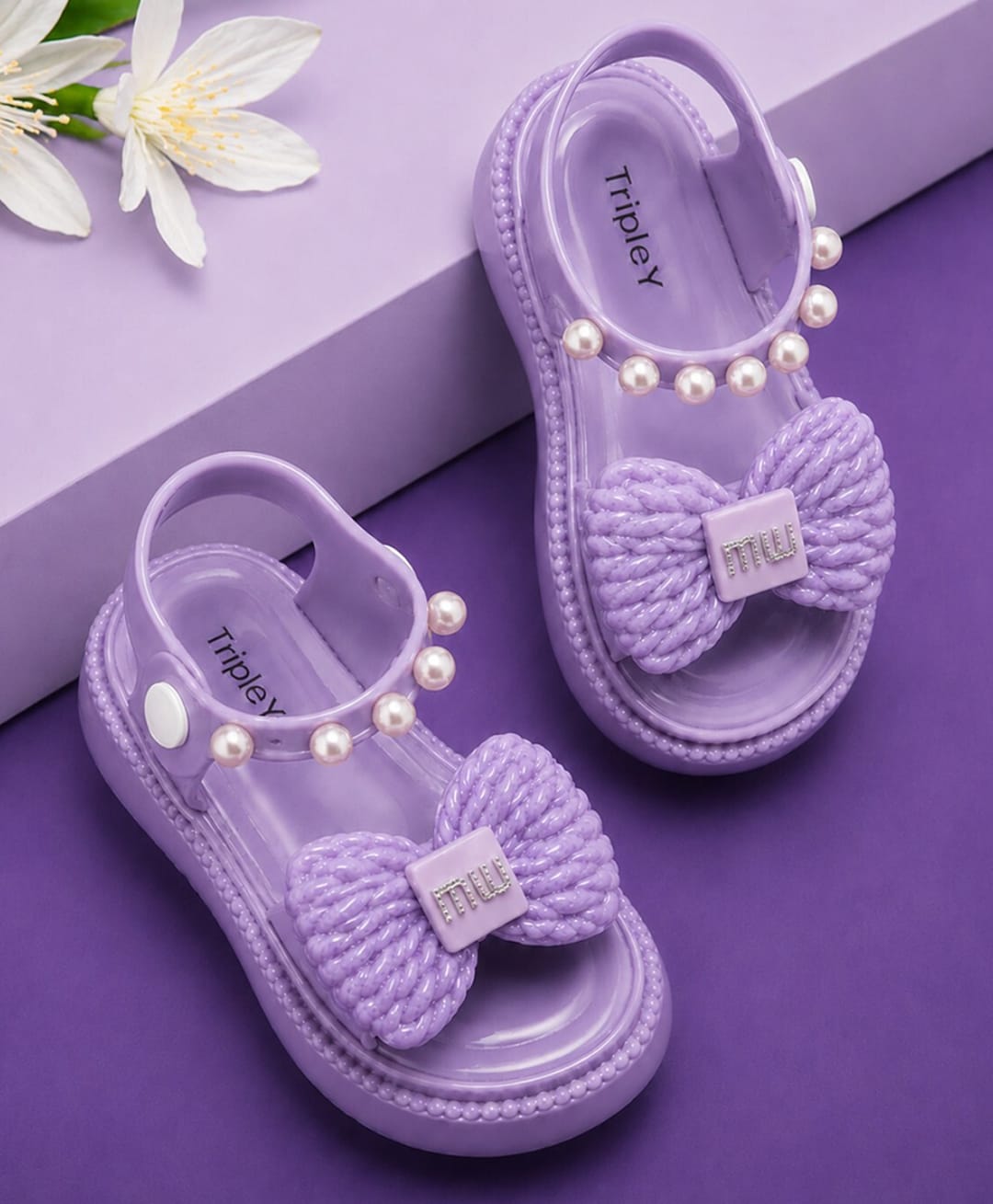 NEW STEPS Bow Applique Detailed Pearls Embellished Button Closure Sandals - Purple-picture-38