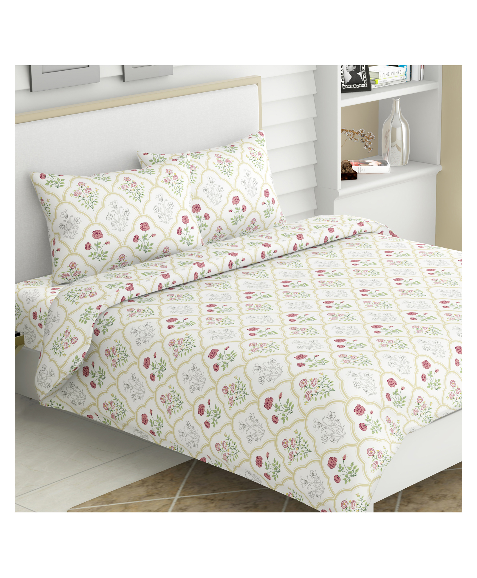 Haus & Kinder Rose Serenity 186 TC 100 % Cotton King Printed Bedsheet- White-picture-41