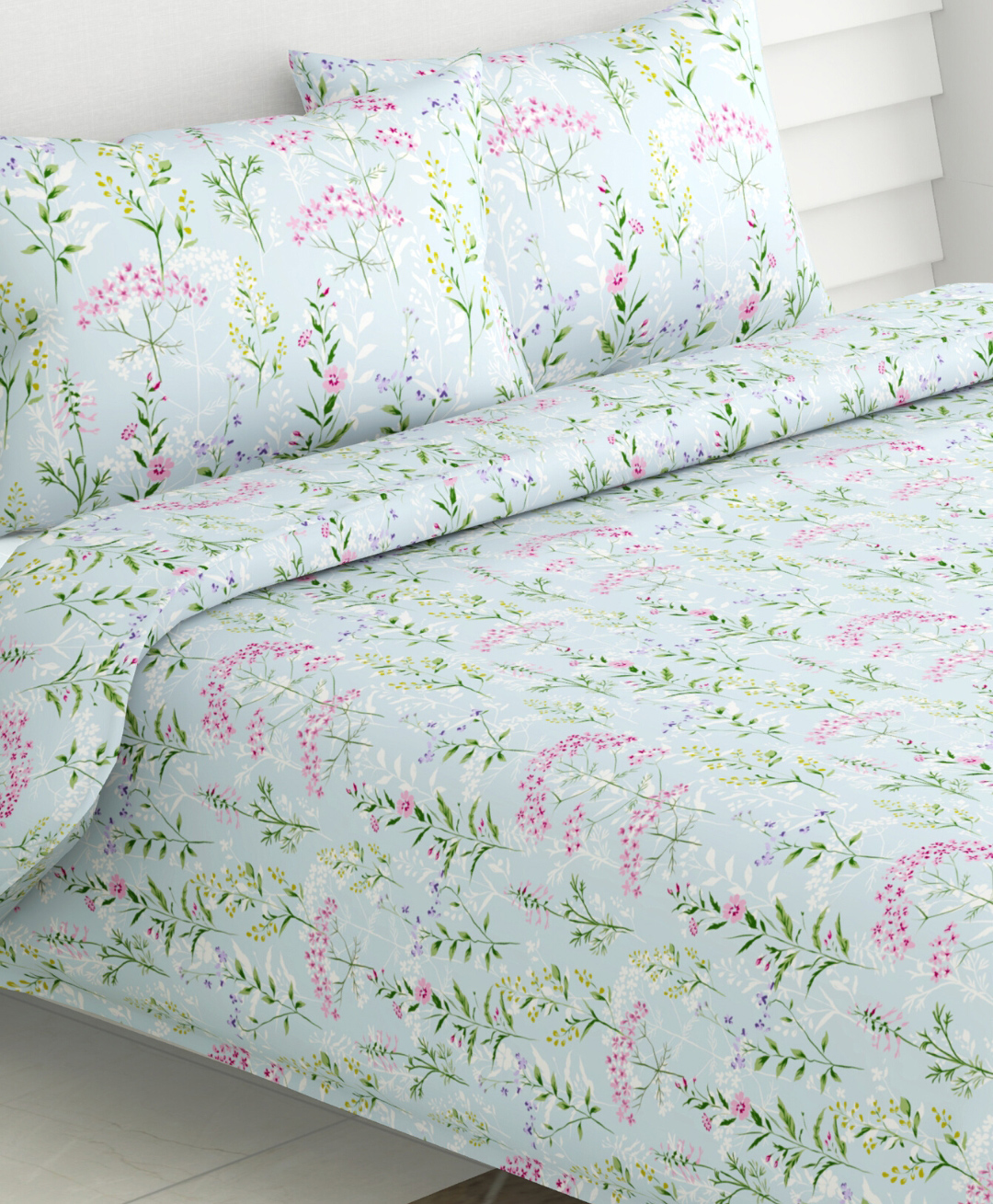 Haus & Kinder Elegant Blooms 186 TC 100 % Cotton Printed Bedsheet Double - Sky Blue Green & Pink-picture-38
