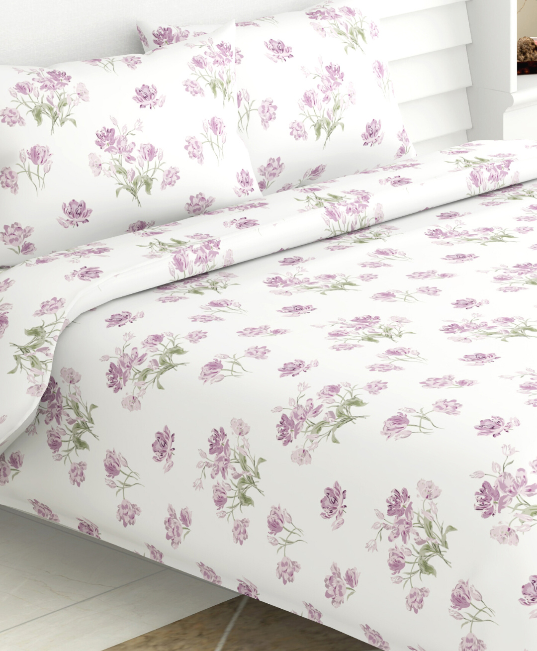 Haus & Kinder Lilac Dream 186 TC 100 % Cotton Printed Double Bedsheet - White & Purple-picture-32