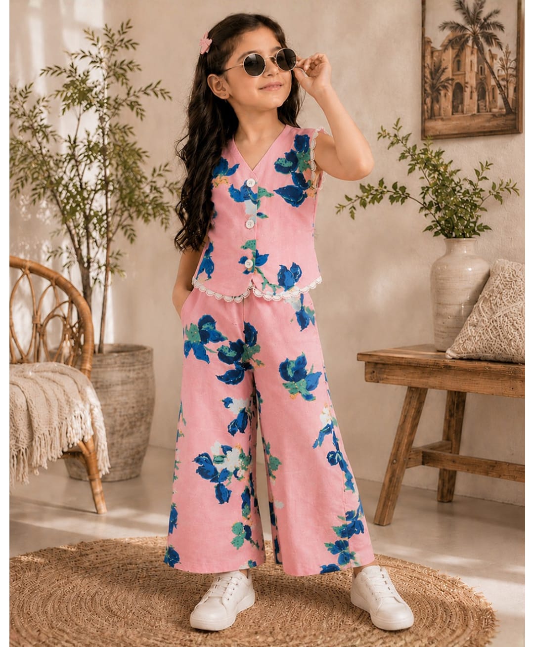 Superminis Cotton Woven Sleeveless Floral Printed Coordinating Top & Pants Set - Peach-picture-23
