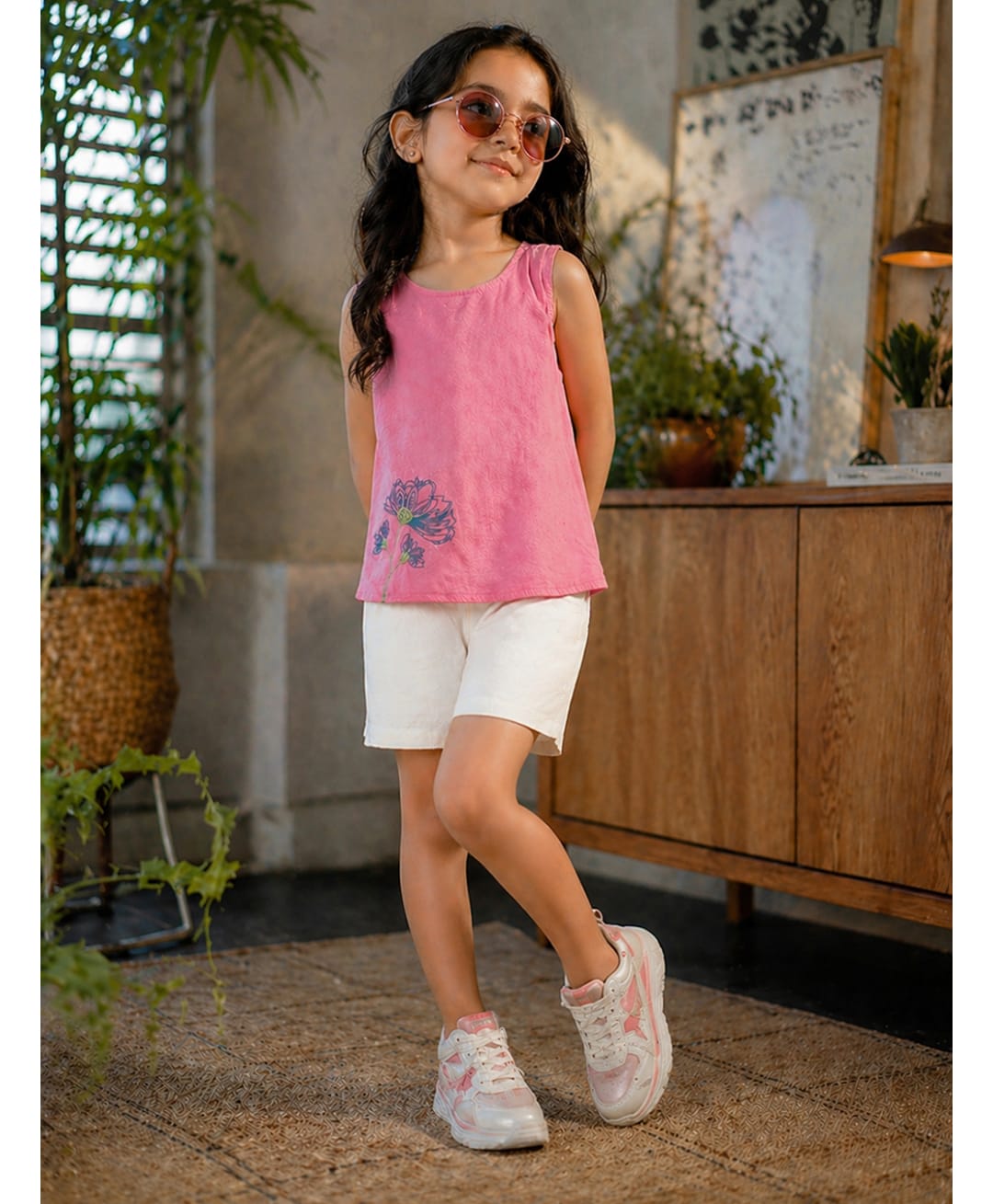 Superminis Cotton Woven Sleeveless Floral Embroidered Top & Shorts Set - Pink-picture-36