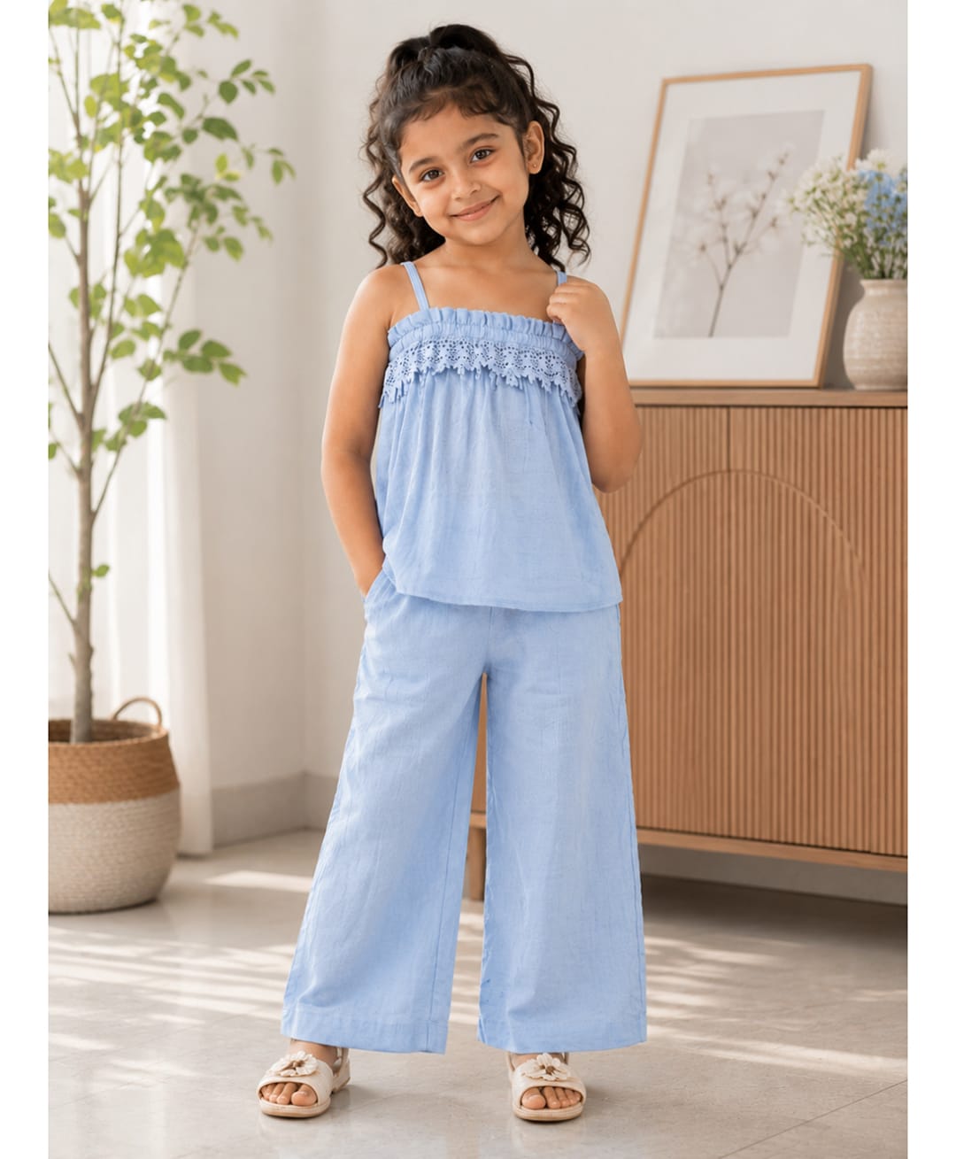 Superminis Cotton Woven Sleeveless Lace Embellished Top & Palazzo Set - Sky Blue-picture-7