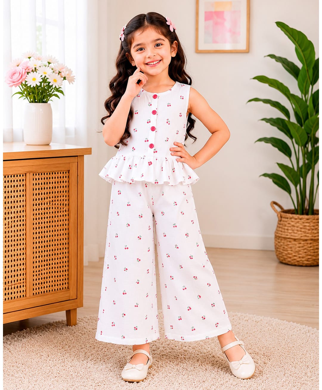 Superminis Cotton Woven Sleeveless Frill detailed & Cherries Printed Coordinating Top & Palazzo Set - Red-picture-30