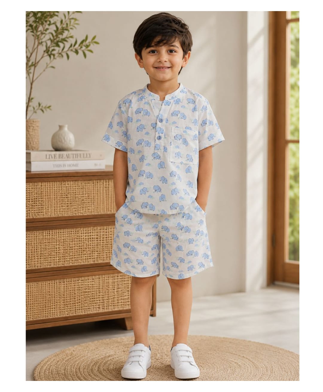 Superminis Cotton Woven Half Sleeves Elephants Printed Coordinating Kurta Style Shirt & Shorts Set - White-image-41