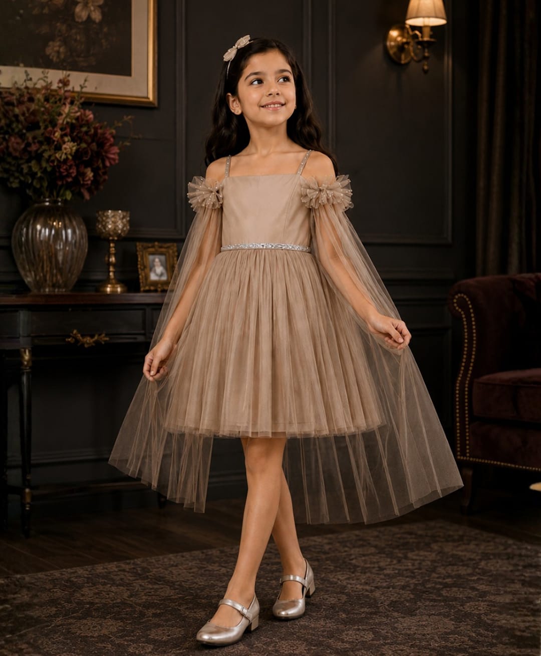 Superminis Net Woven Half Cold Shoulder Cape Sleeves Lace Embellished Dress - Champagne-picture-29