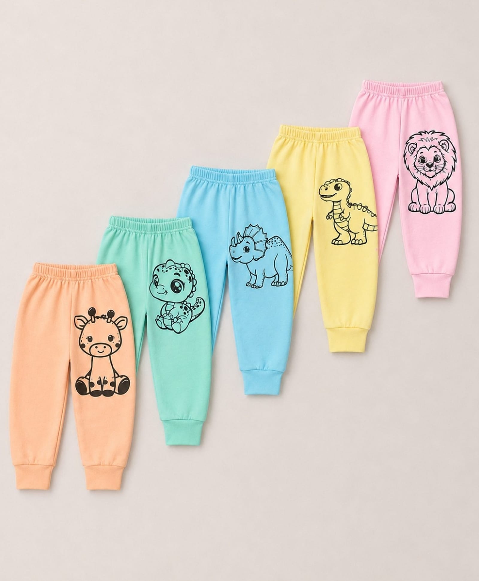 Superminis Cotton Woven Pack Of 5 Animals Printed Joggers - Peach Sea Green Sky Blue Yellow & Pink-picture-22
