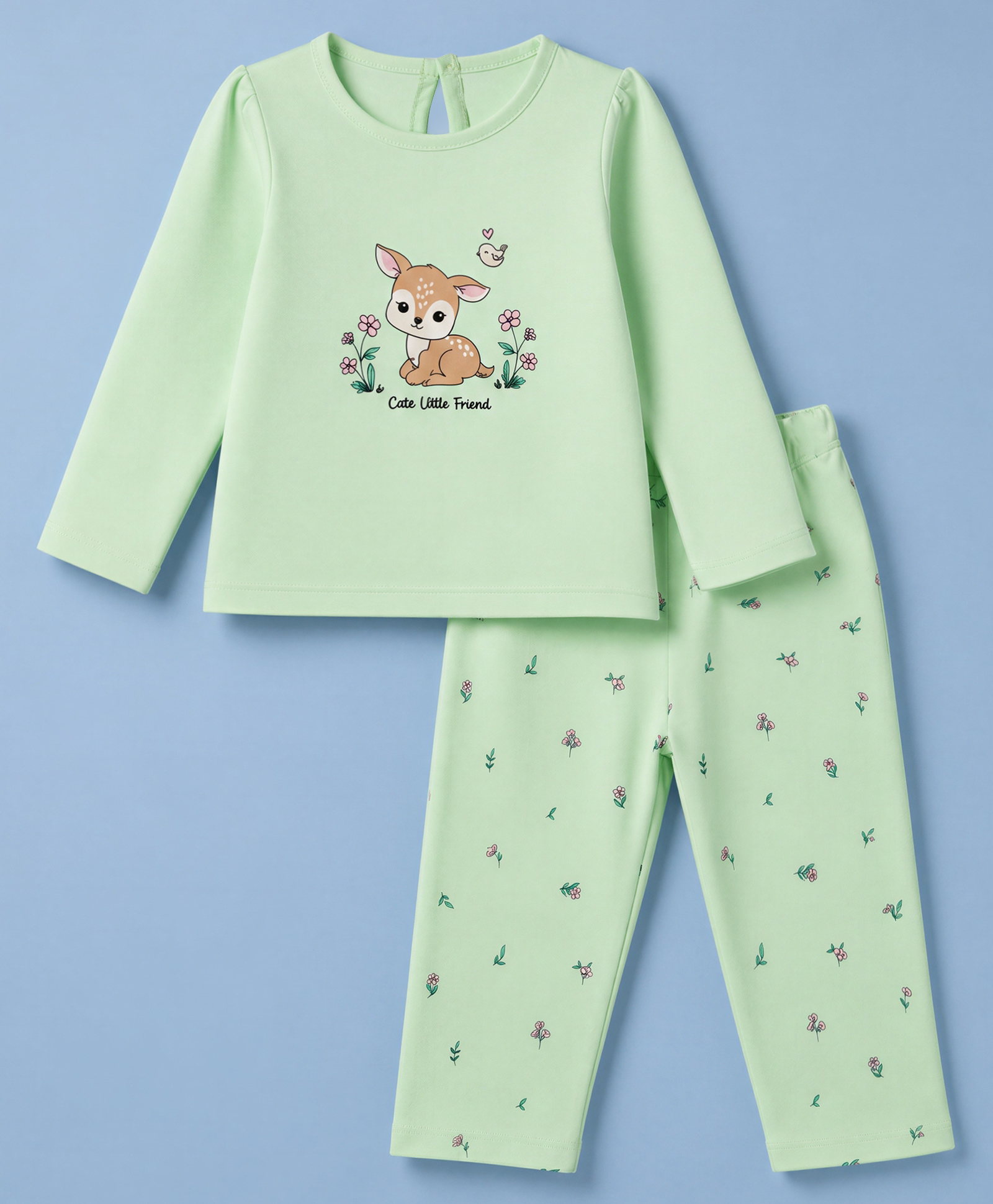Babyhug Cotton Knit Full Sleeves T-Shirt & Pyjama Night Suit with Deer & Floral Print - Green-image-15