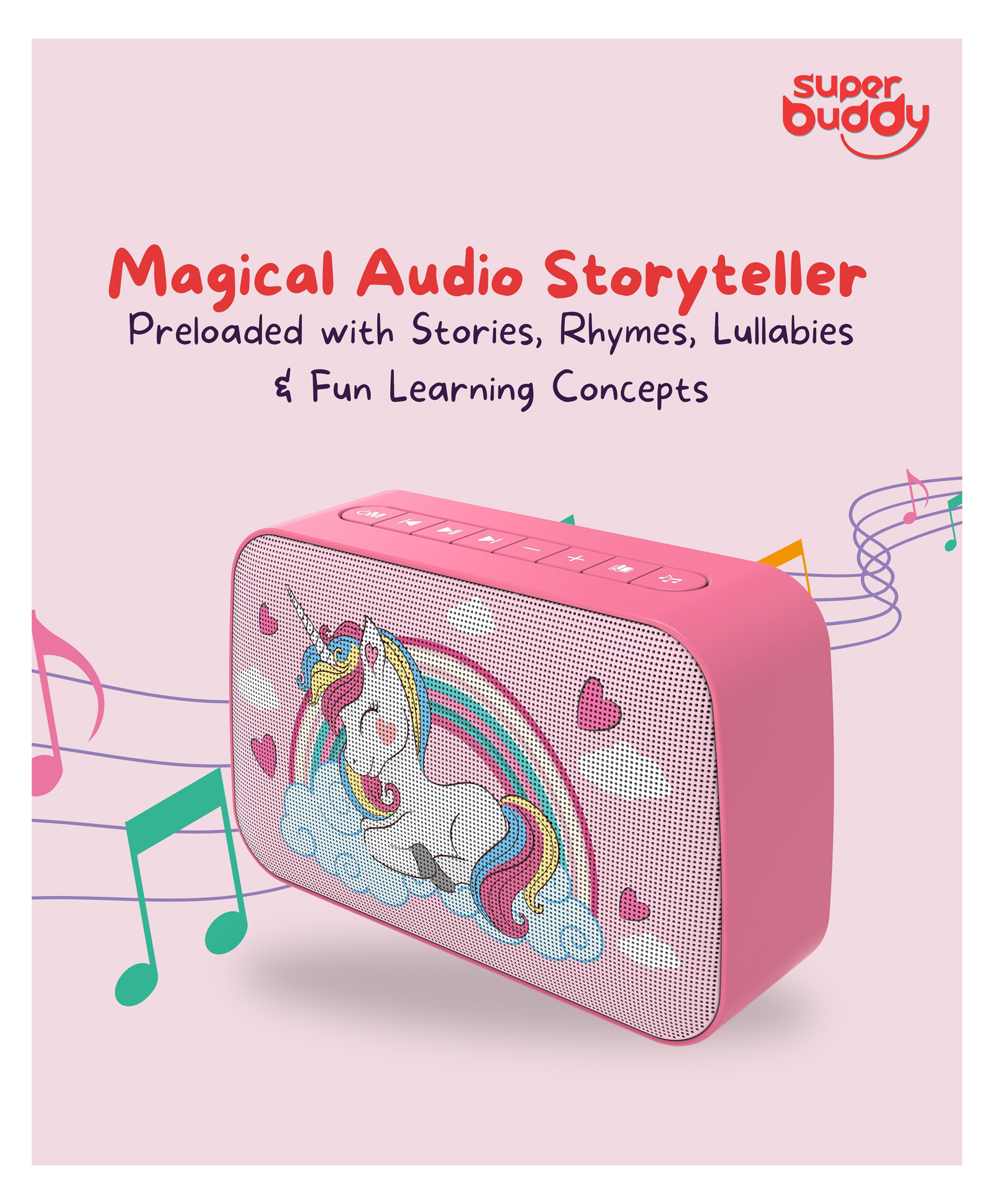 SuperBuddy StoryBox Unicorn Kids Speaker 550 Stories Rhymes & Mantras Preloaded with Bluetooth and USB, Birthday Gift for Girls Age 3+ (Unicorn) - Pink-image-44