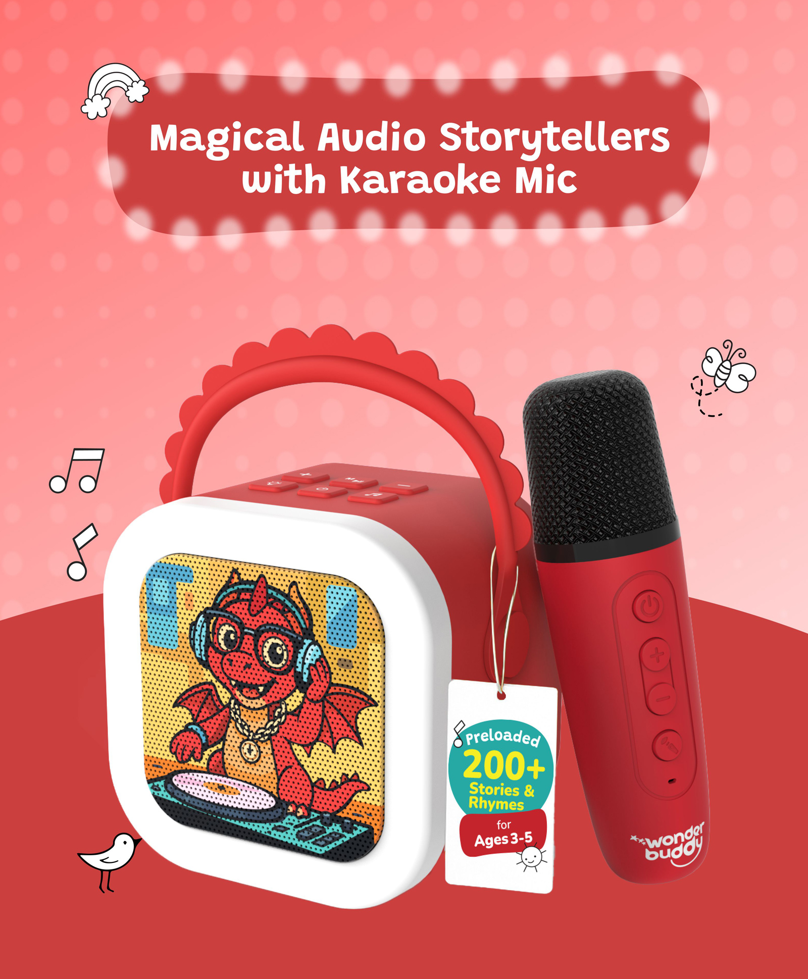WonderBuddy StoryBox Mini, 200+ Stories & Rhymes Preloaded, Karaoke Mic for Singing, RGB Lights, Kids Speaker, Musical Toy, Best Gift for 3-5 yr Kids, Red-image-19