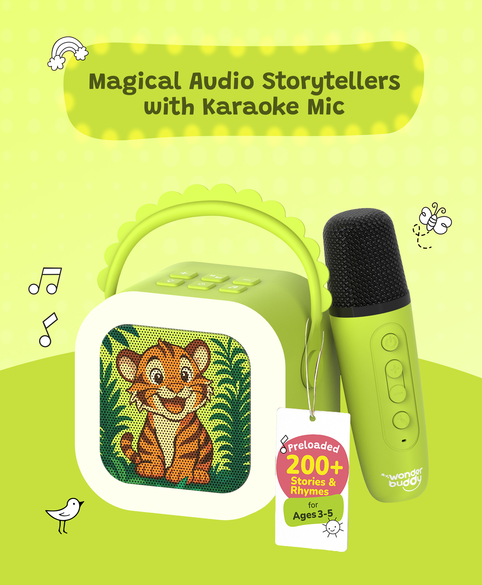 WonderBuddy StoryBox Mini, 200+ Stories & Rhymes Preloaded, Educational Toy, RGB Lights, Kids Bluetooth Speaker, Cute Birthday Gift for 3-5 Year Kids, Musical Toys for 3-5 yr - Tiger with Mic-image-37