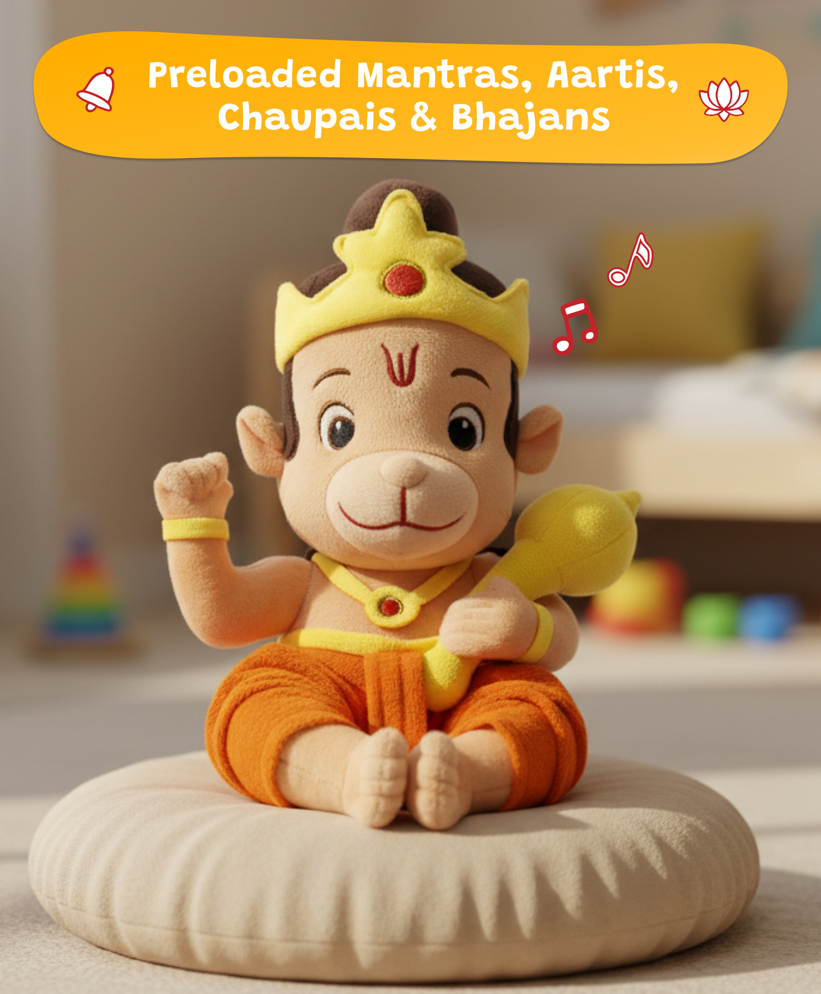 WonderBuddy 26 cm Divine Mantra Chanting Baby Hanuman with 8 Preloaded Mantras & Aartis, Musical Soft Plush Toy - Orange-image-41