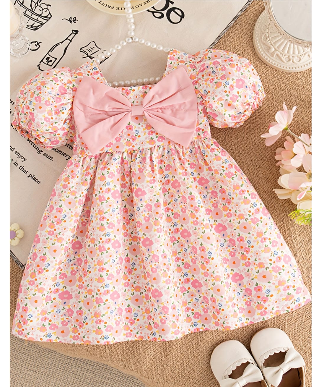 The Kids Club Cotton Blend Woven Puffed Sleeves Floral Printed Dress - Peach-picture-16