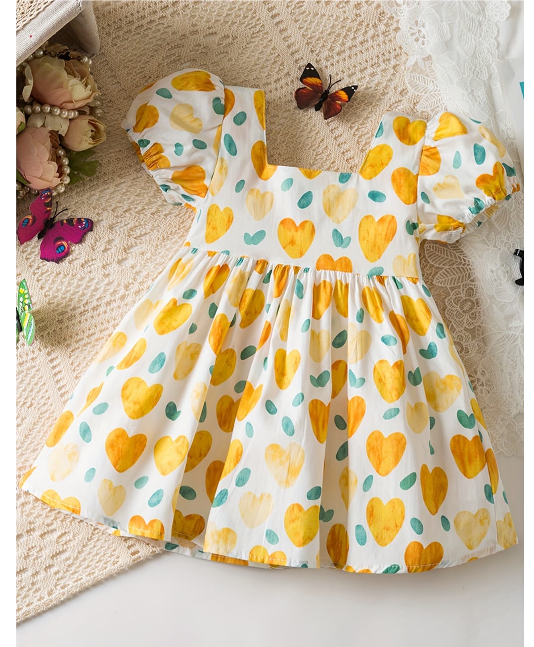 The Kids Club Cotton Blend Woven Puffed Sleeves Hearts Printed Dress - Yellow-picture-13
