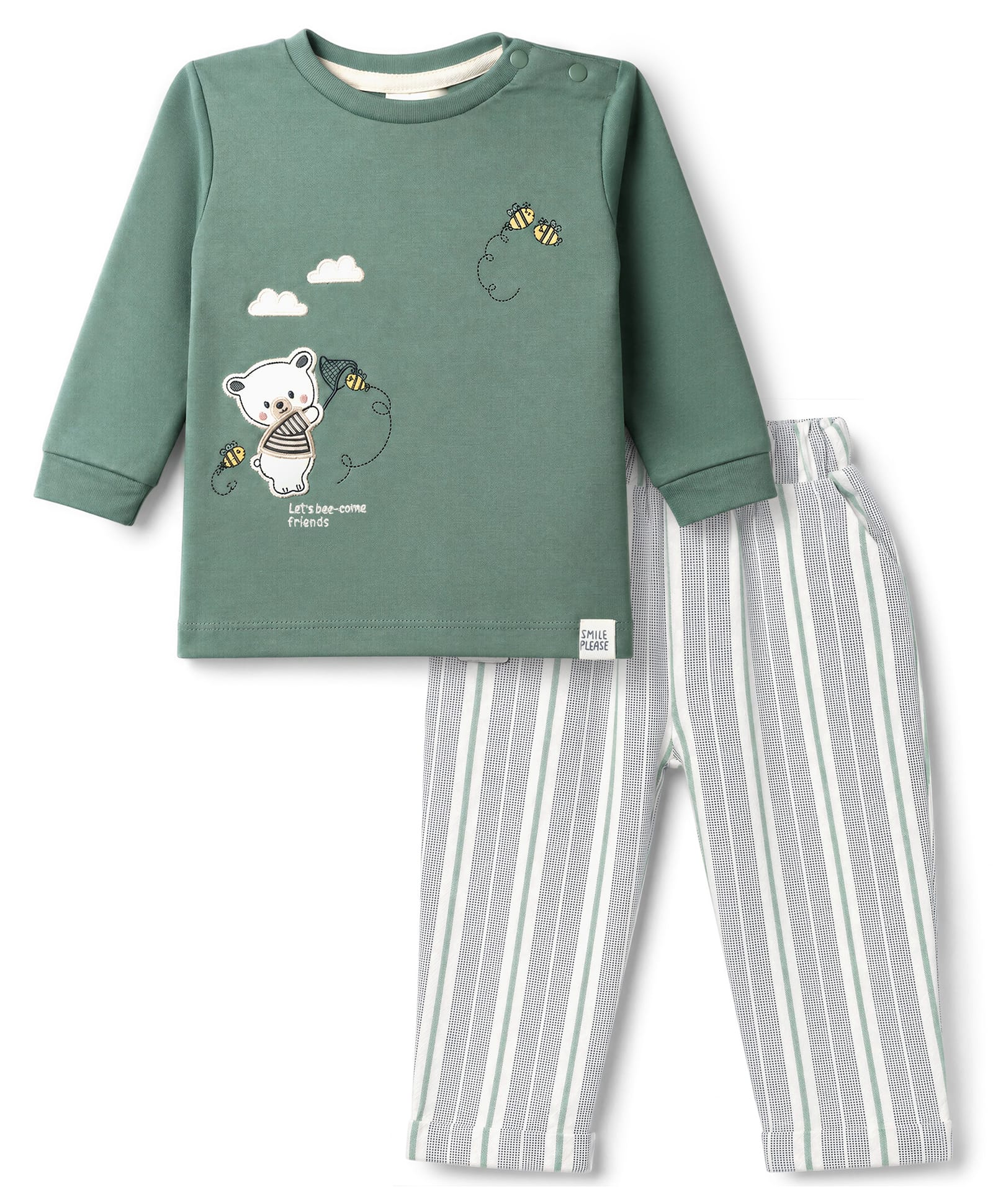 Ollypop Interlock Knit Full Sleeves Teddy Bear Printed T-shirt and Striped Pants Set - Olive-picture-14