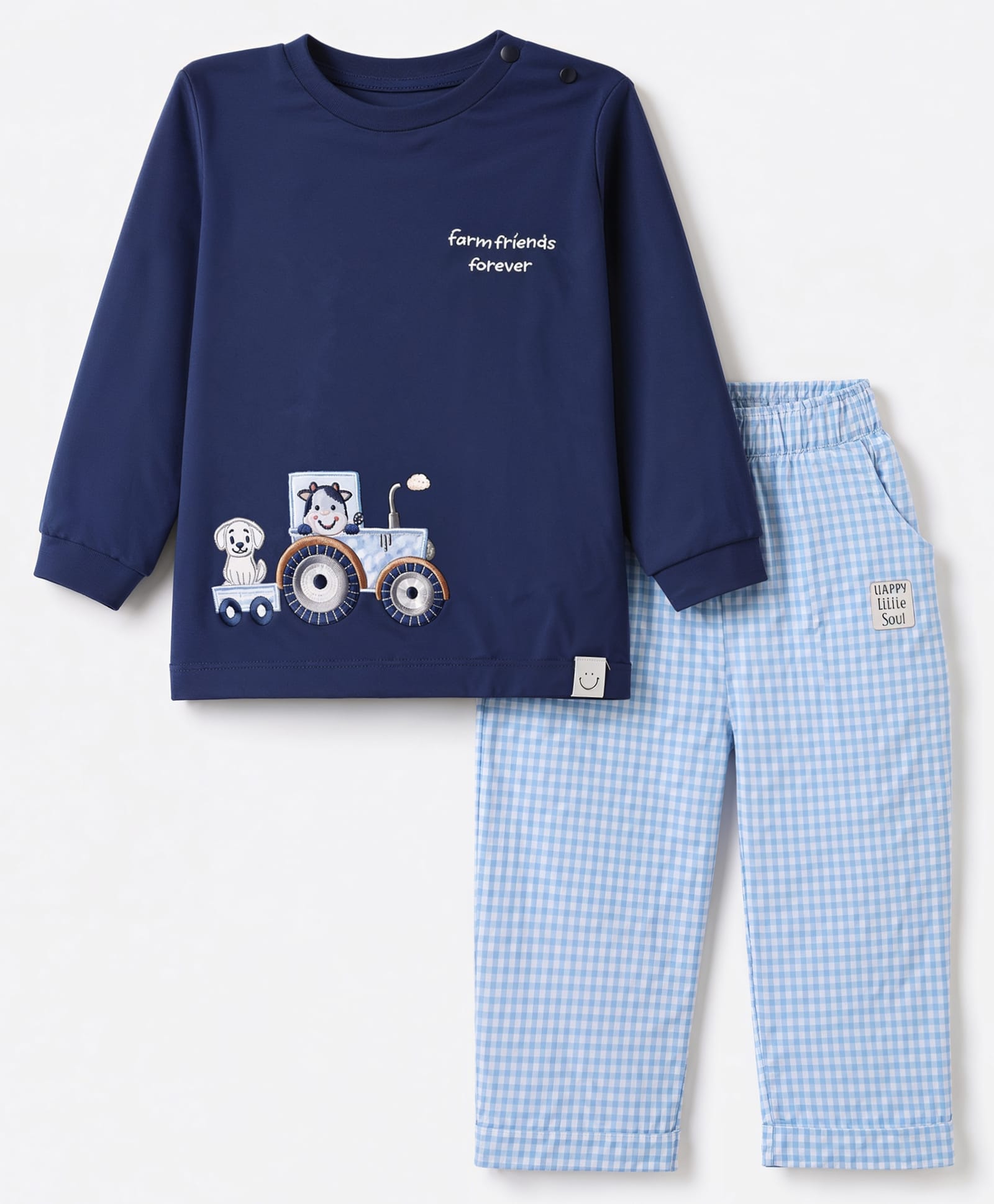 Ollypop Interlock Knit Full Sleeves Animal Printed T-shirt With Side Button & Checked Pant - Navy Blue-picture-12