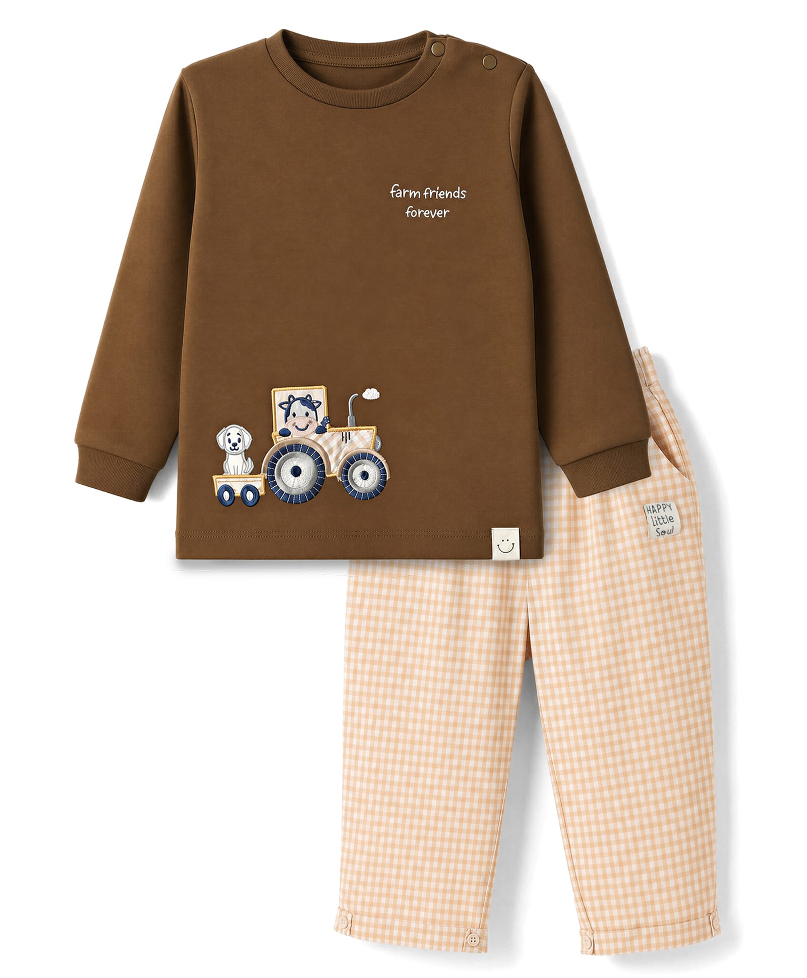 Ollypop Interlock Knit Full Sleeves Animal Printed T-shirt With Side Button & Checked Pant - Brown-image-48