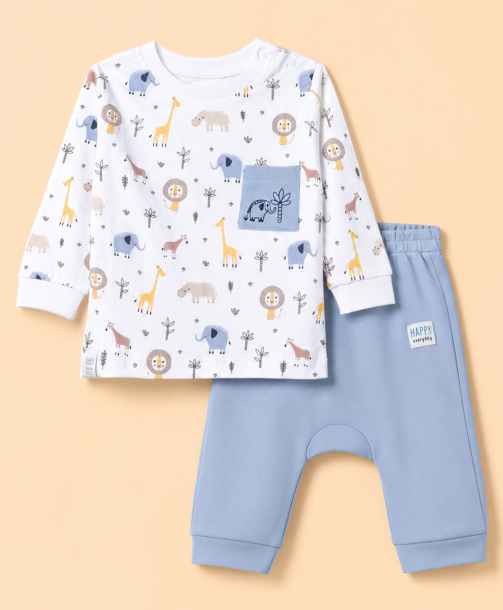 Ollypop Interlock Knit Full Sleeves Animal Printed T-shirt and Joggers Set -White & Blue-picture-24