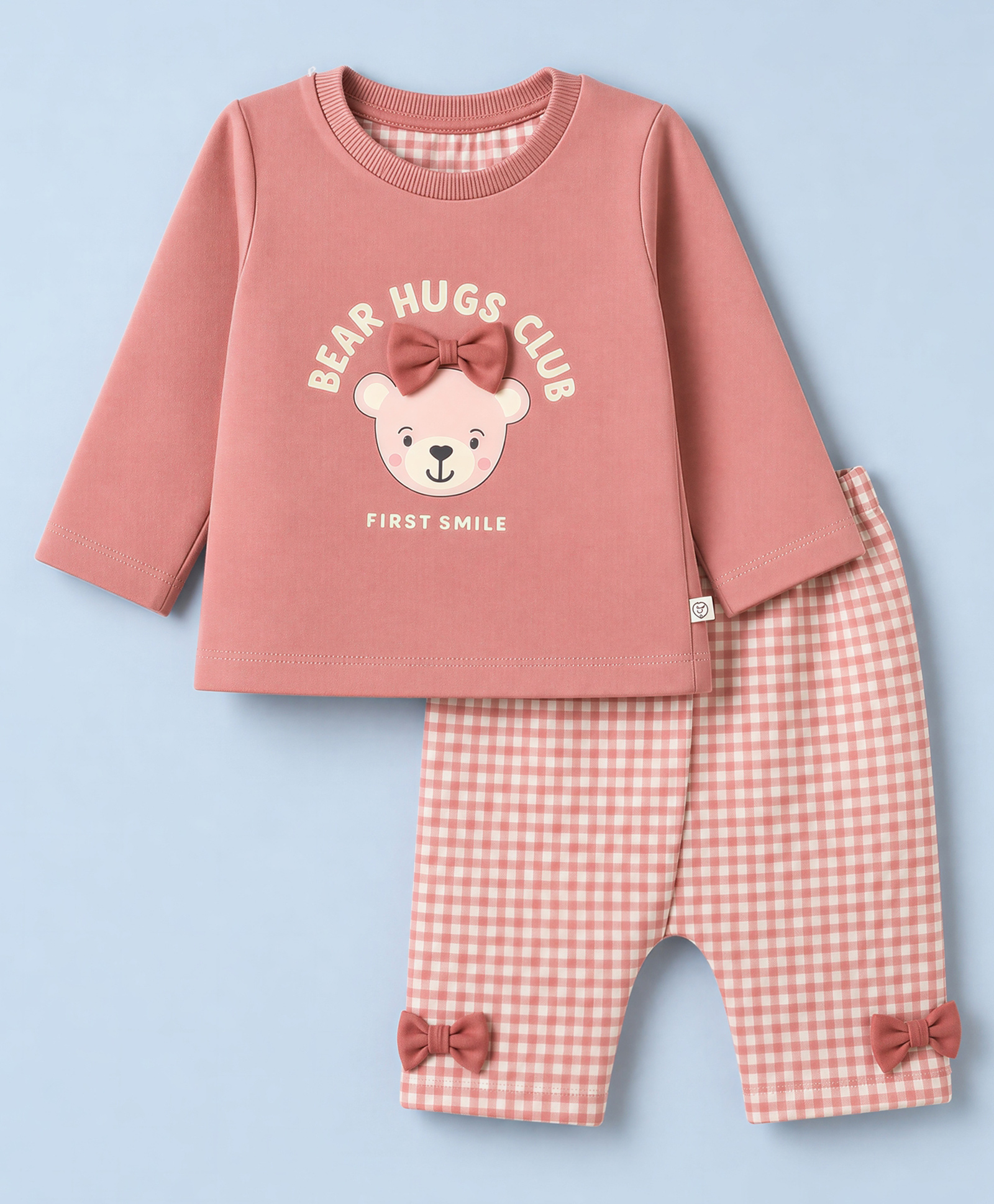 Ollypop Looper Knit Full Sleeves Teddy Bear Printed T-shirt With Side Button & Checked Diaper Pant & Bow Applique - Red-picture-23