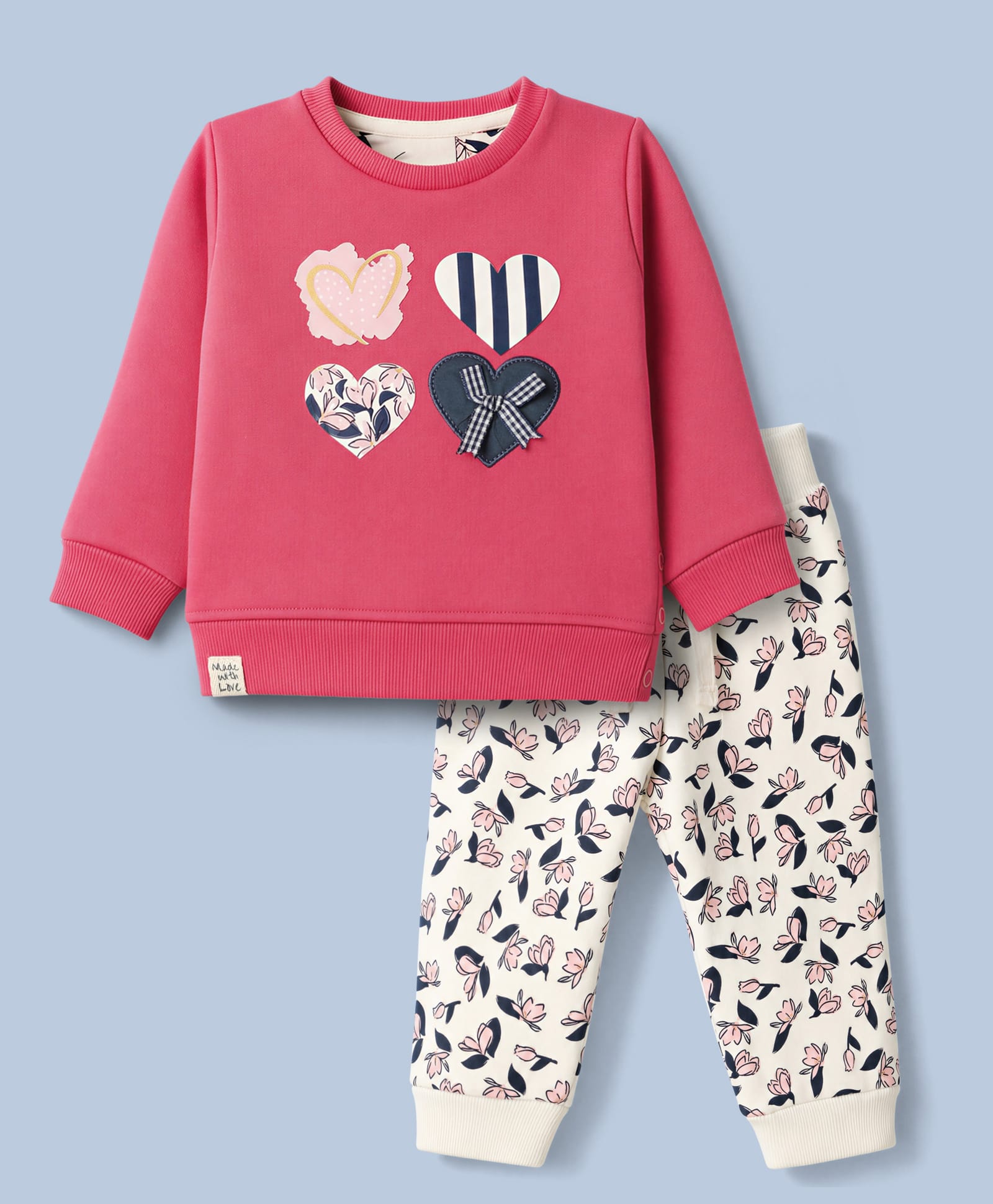 Ollypop Fleece Knit Full Sleeves Bow Applique Winter Wear Suits With Heart & Floral Print - Pink-picture-31