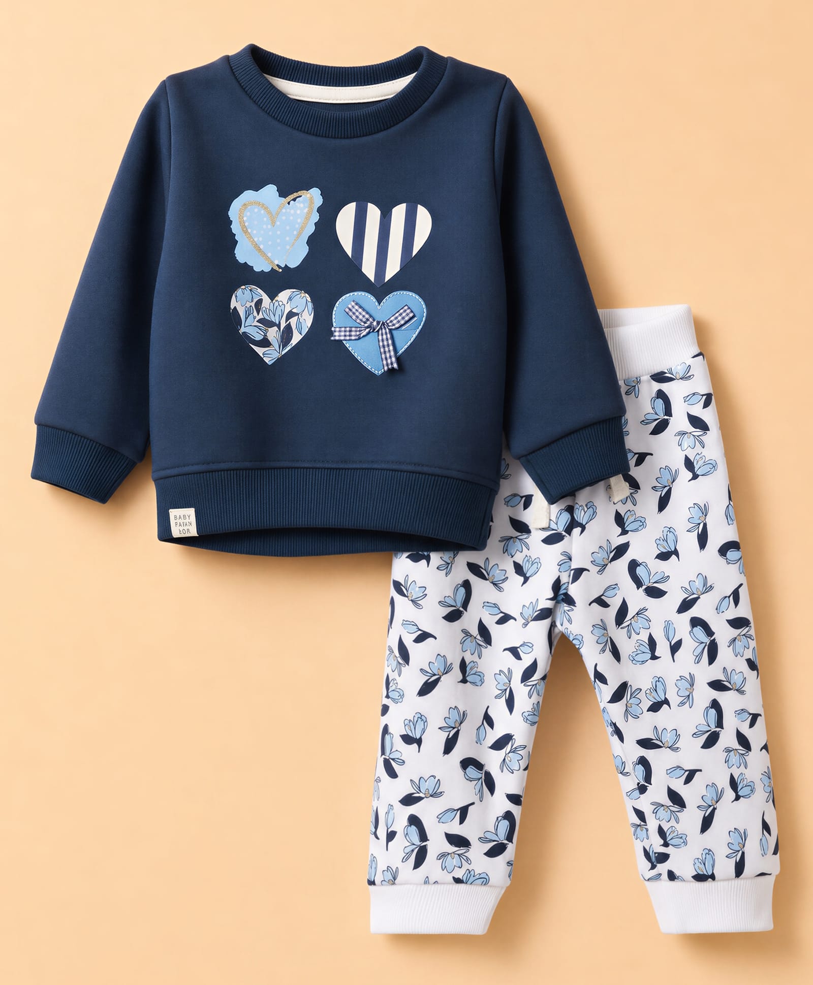 Ollypop Fleece Knit Full Sleeves Bow Applique Winter Wear Suits With Heart & Floral Print - Blue-picture-5