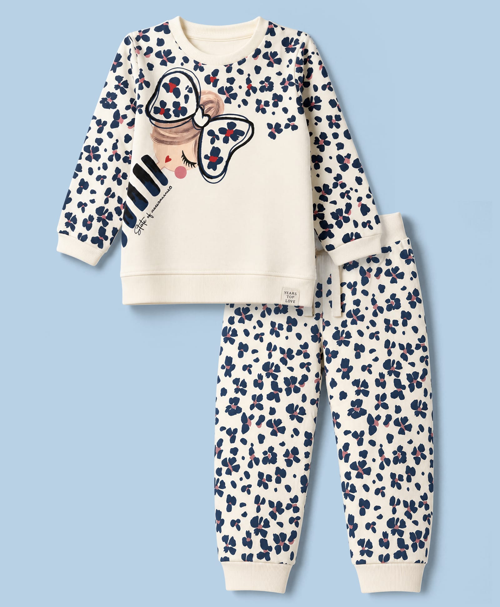 Ollypop Looper Knit Full Sleeves T-shirt and Joggers With Floral Print - Cream-picture-1