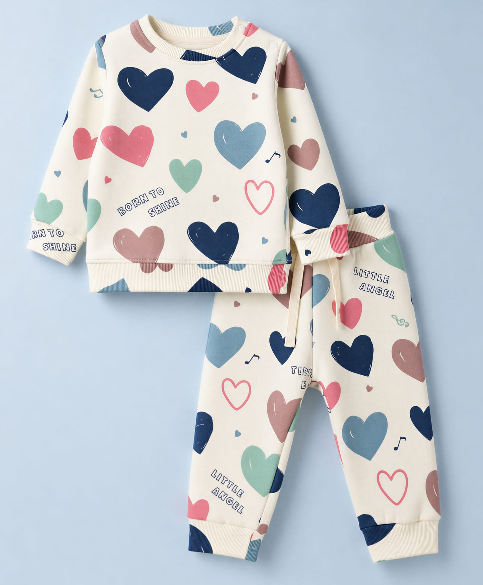 Ollypop Fleece Knit Full Sleeves Heart Printed Winter Wear Suits Co-ords - Cream-image-10