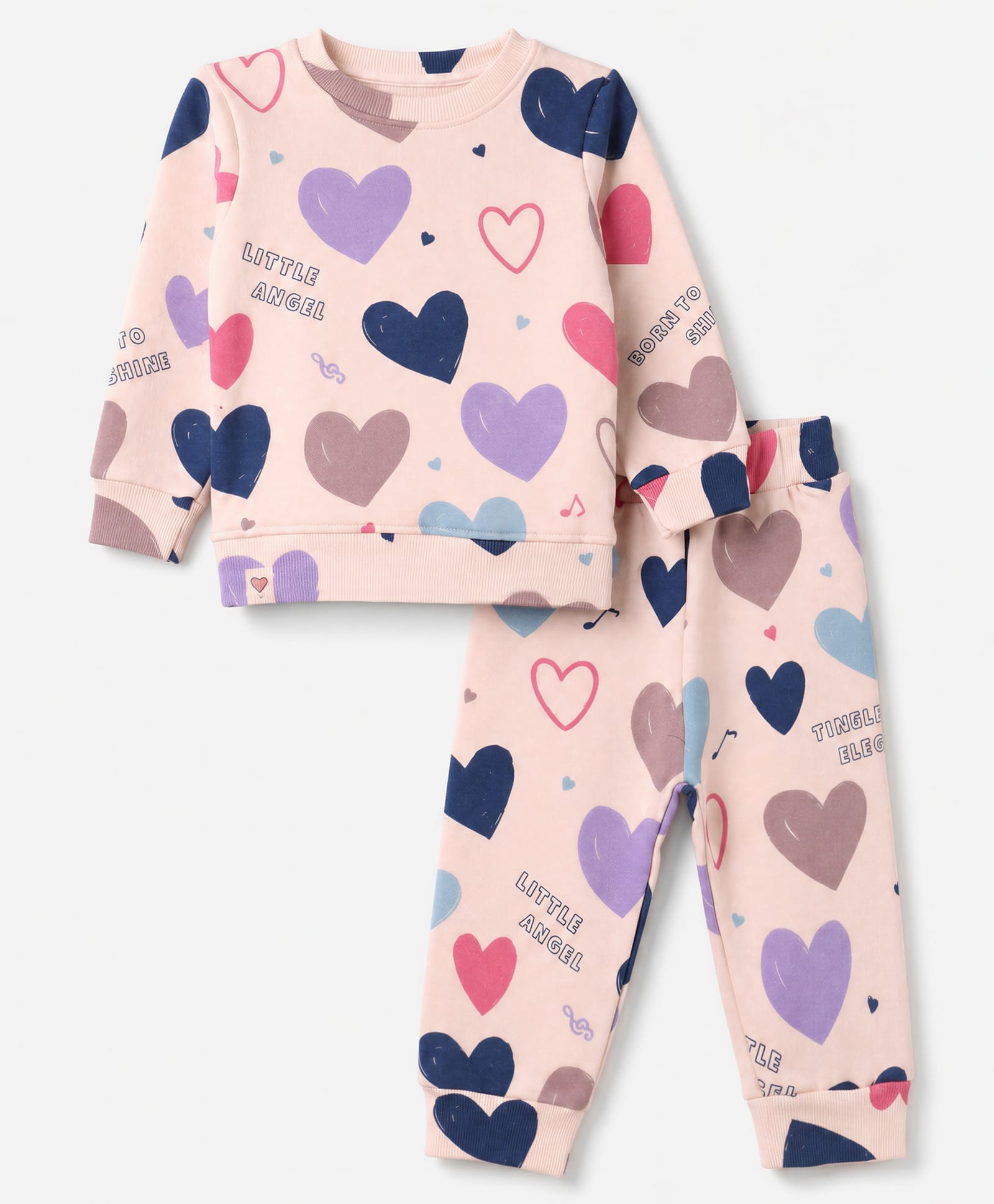 Ollypop Fleece Knit Full Sleeves Heart Printed Winter Wear Suits Co-ords - Baby Pink-picture-46