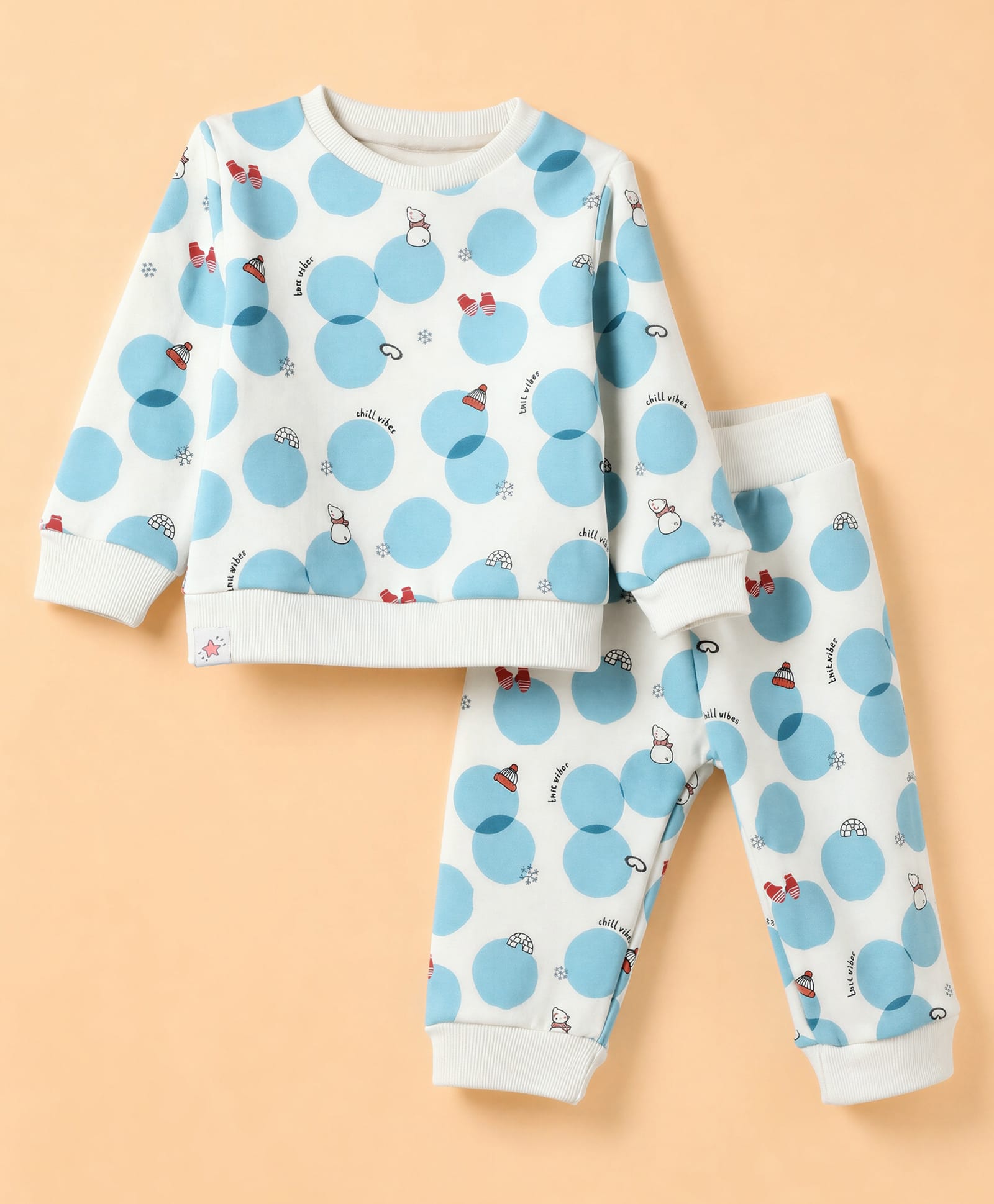 Ollypop Fleece Knit Full Sleeves Snow Man Printed Winter Wear Suits Co-ords - Cream-picture-11
