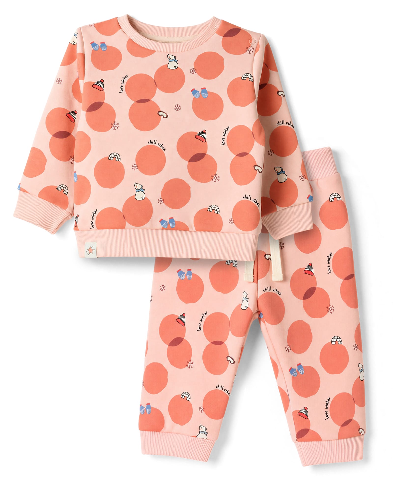 Ollypop Fleece Knit Full Sleeves Snow Man Printed Winter Wear Suits Co-ords - Peach-image-18