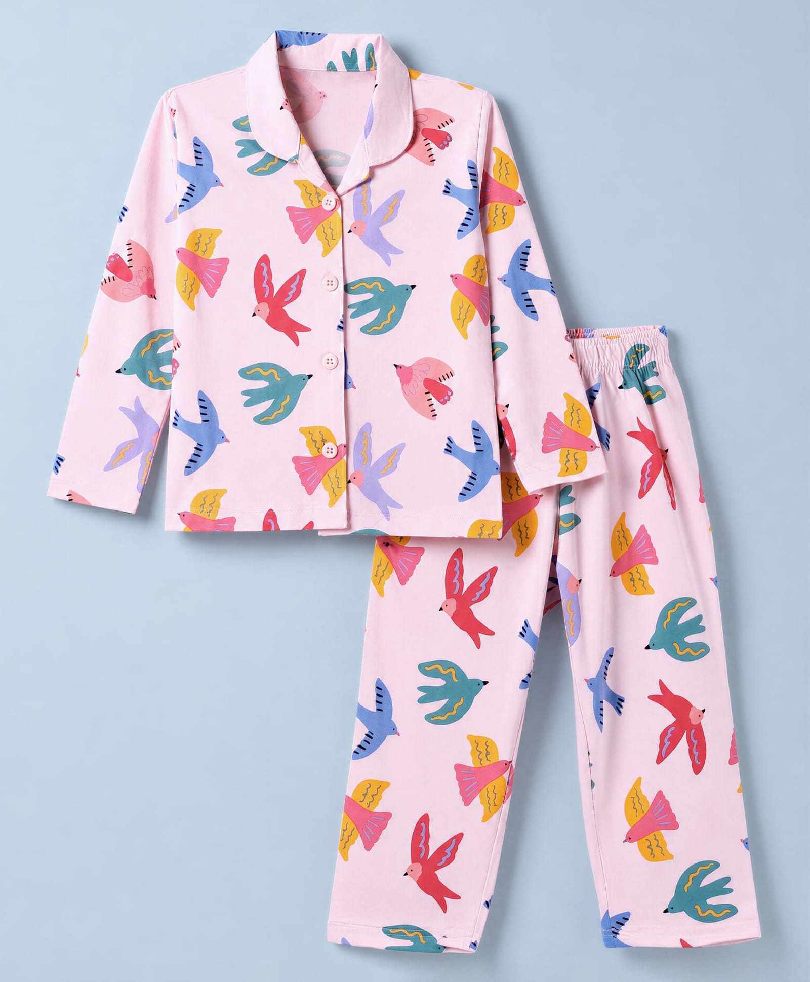 Ollypop Sinker Knit Full Sleeves Co-Ords Shirt & Pyjama Night Suit with Bird Print - Pink-picture-8