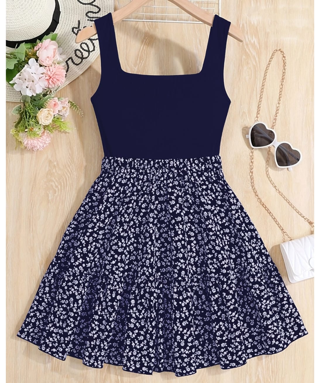 The Kids Club Cotton Blend Knit Sleeveless Floral Printed Dress - Blue-picture-35
