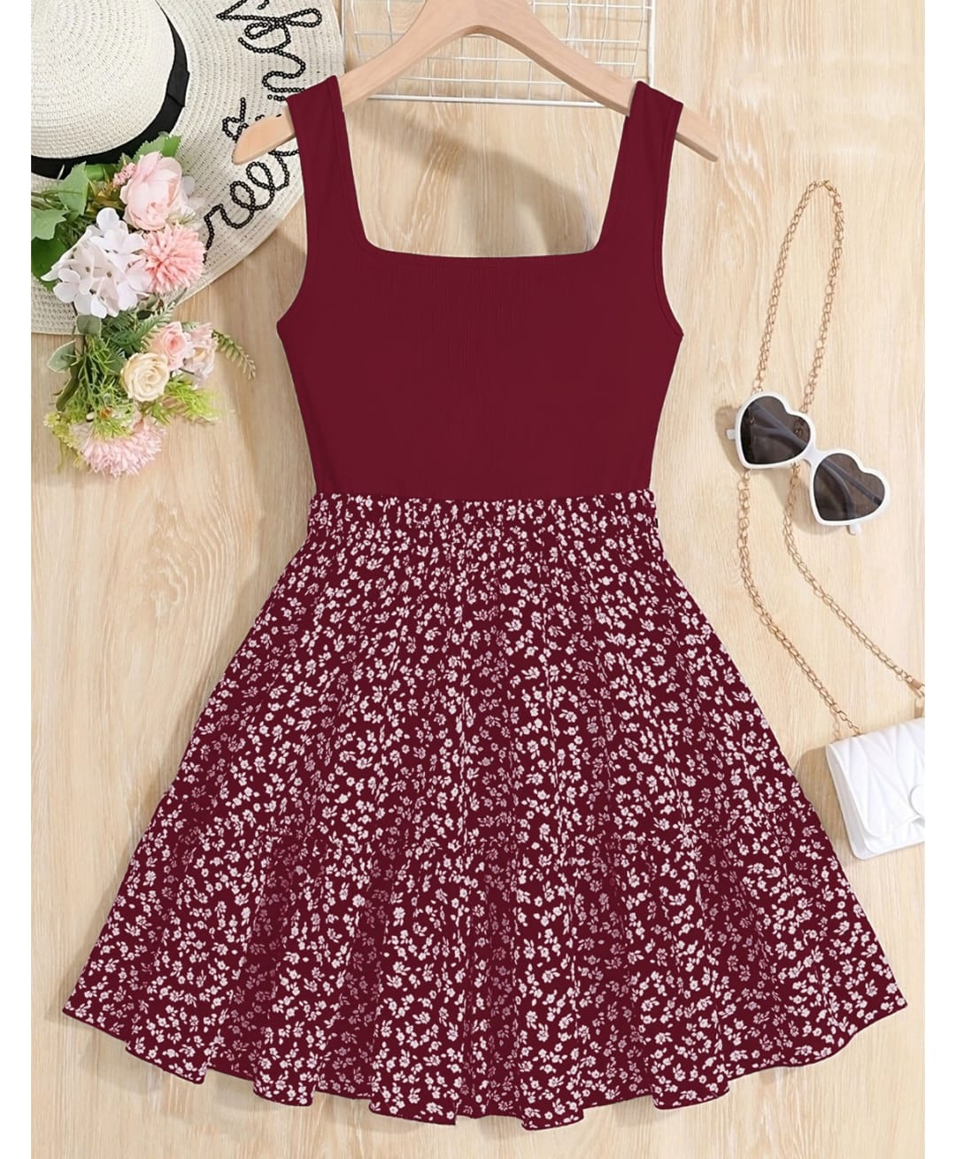 The Kids Club Cotton Blend Knit Sleeveless Floral Printed Dress - Maroon-image-1