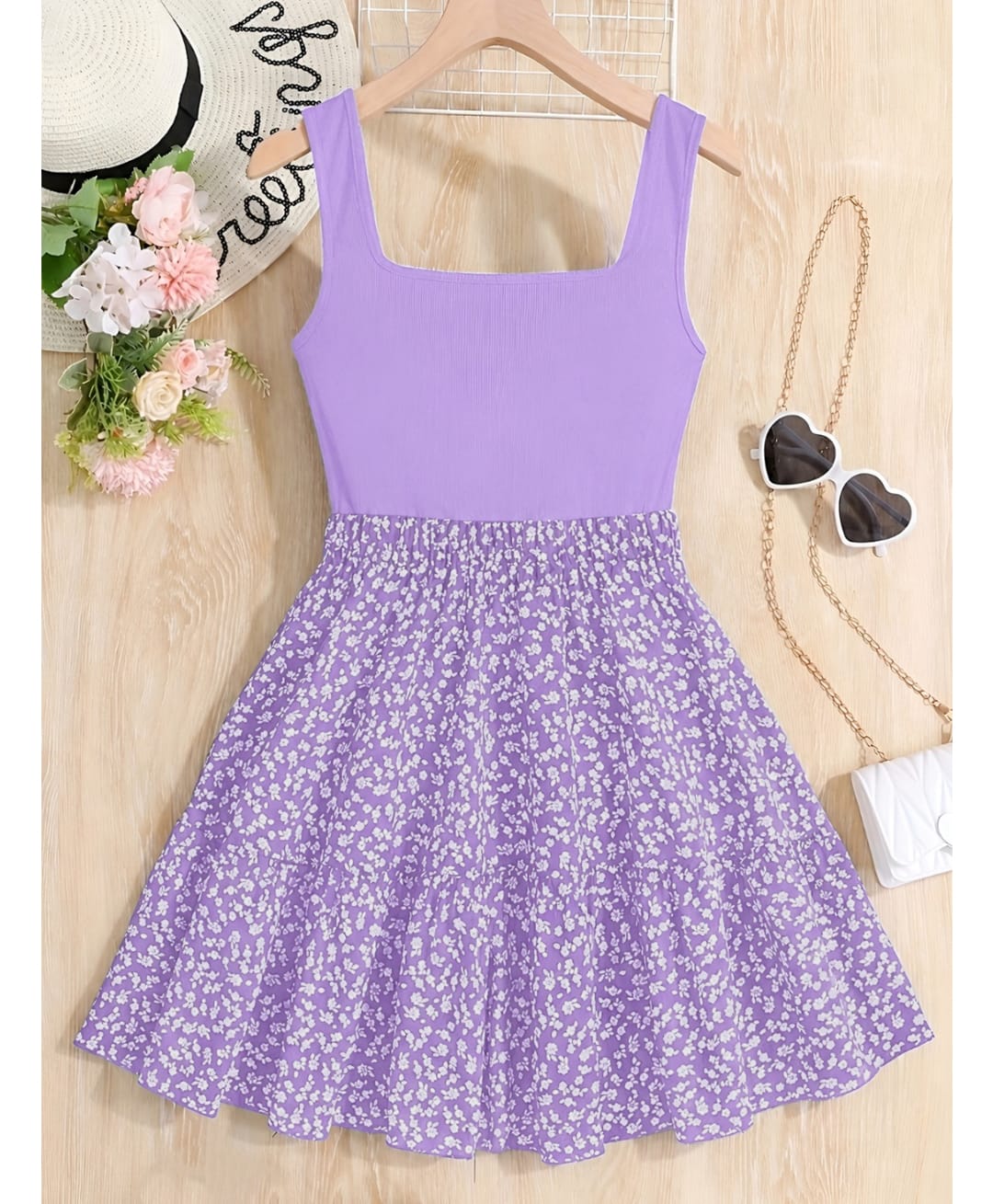 The Kids Club Cotton Blend Knit Sleeveless Floral Printed Dress - Purple-picture-30