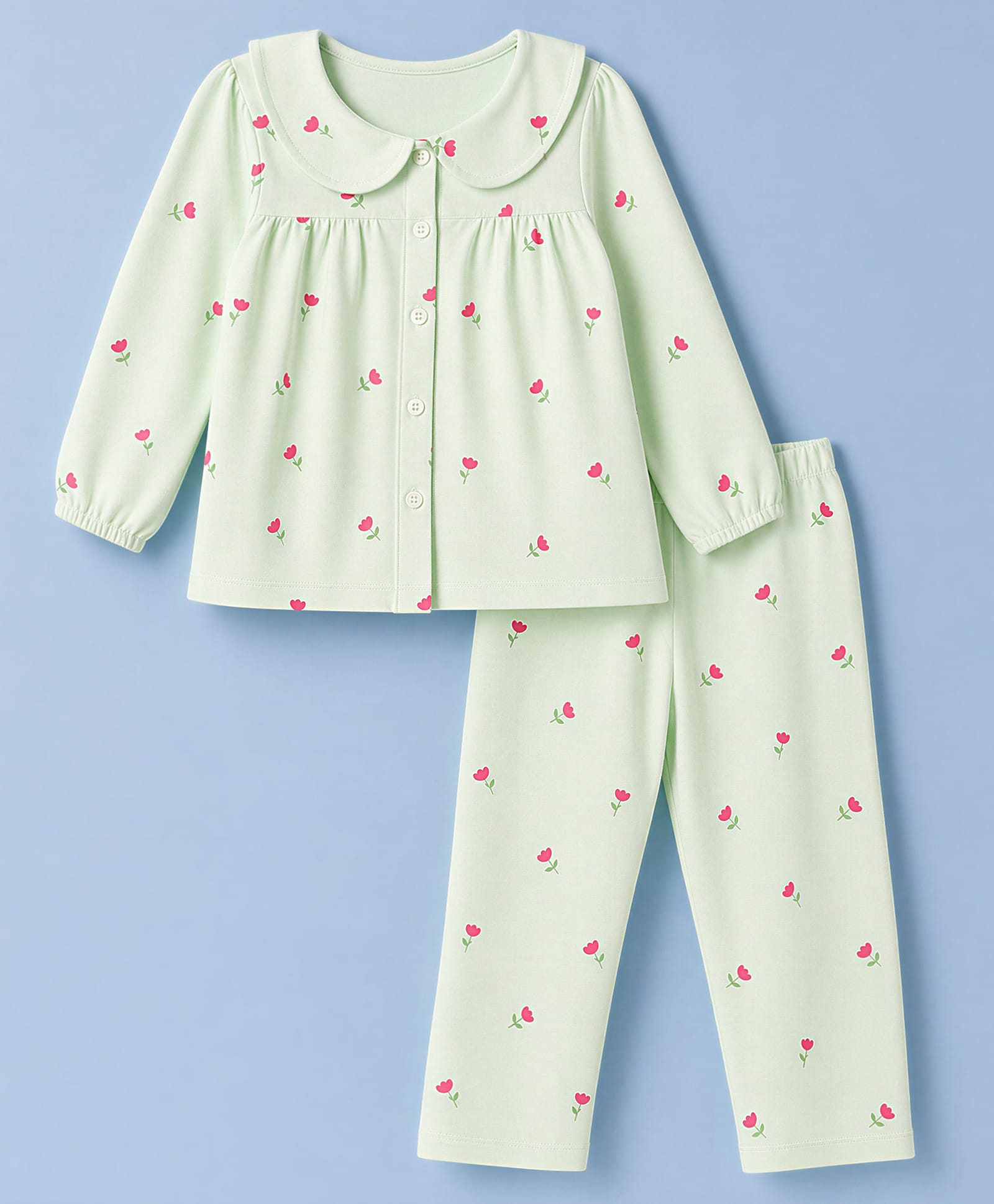 Babyhug Cotton Knit Full Sleeves Co-Ords Shirt & Pyjama Night Suit with Floral Print - Light Green-image-44