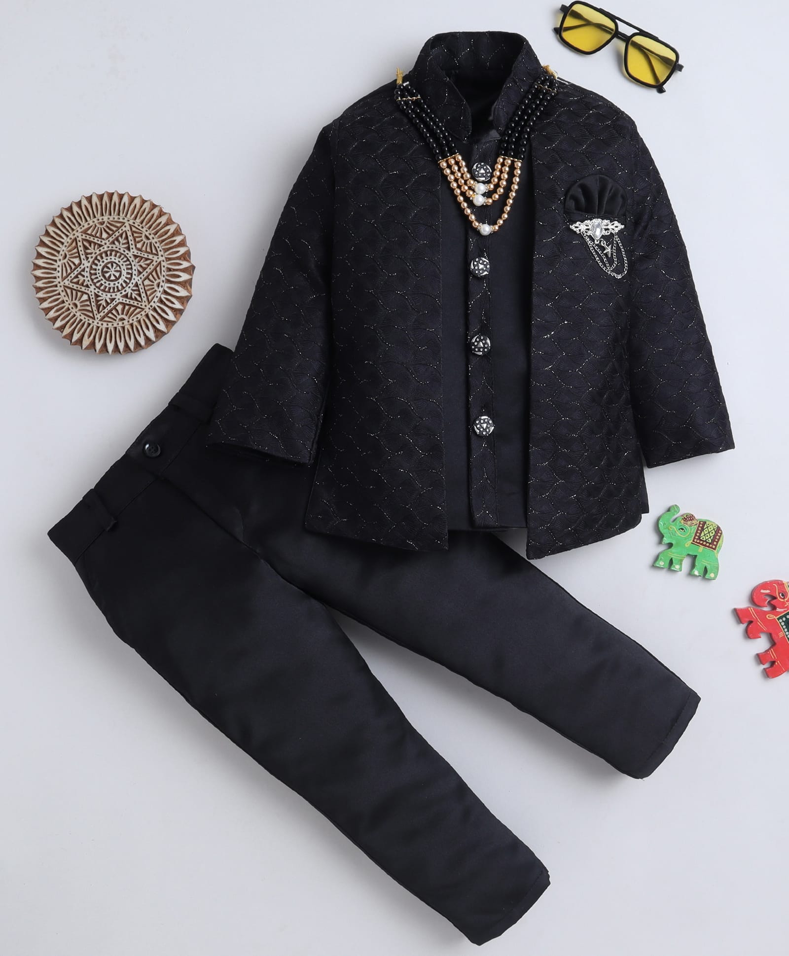Fourfolds Woven Full Sleeves Geometric Embroidered Sherwani & Trouser Set - Black-image-38