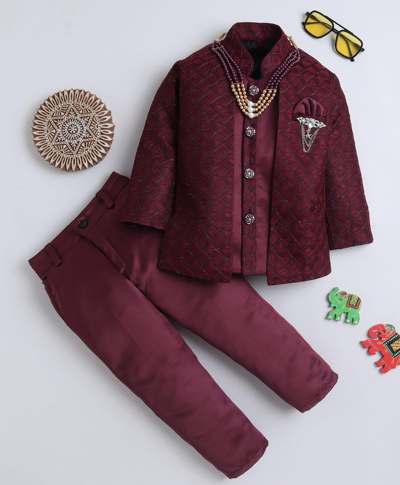 Fourfolds Woven Full Sleeves Geometric Embroidered Sherwani & Trouser Set - Maroon-image-34