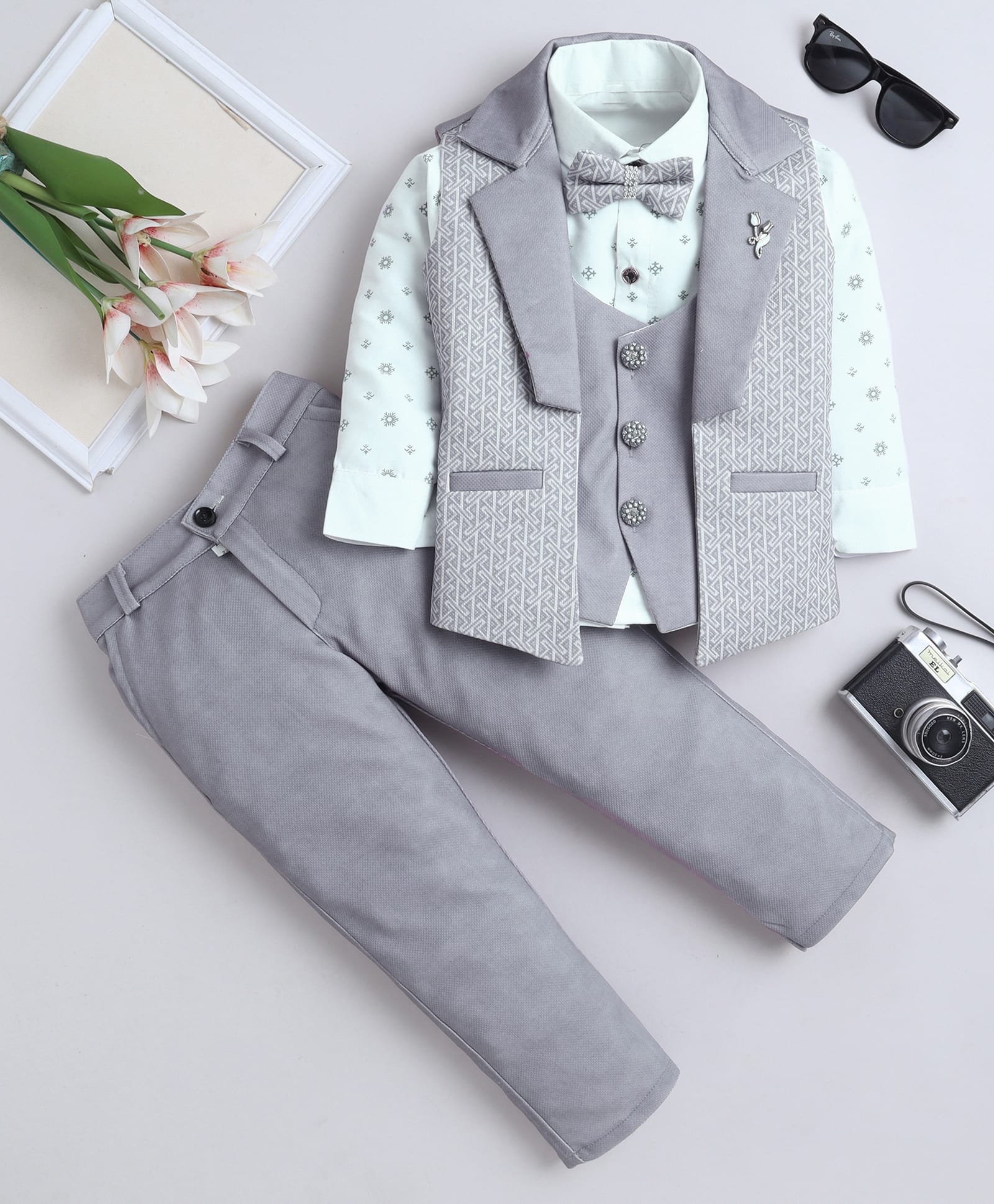 Fourfolds Cotton Blend Woven Full Sleeves Geometric Printed 3 Piece Party Suit Set With Bow - Grey-image-10