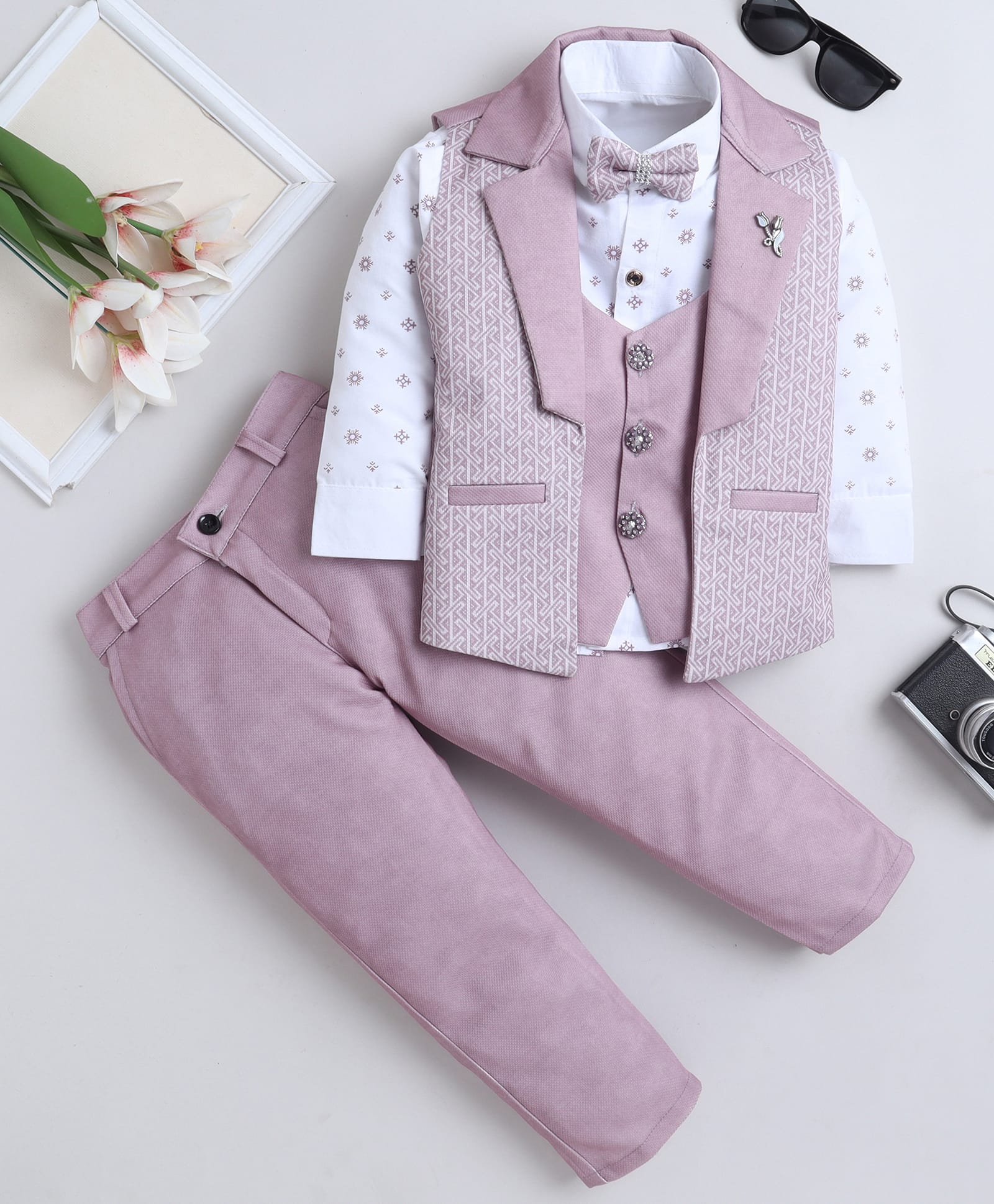 Fourfolds Cotton Blend Woven Full Sleeves Geometric Printed 3 Piece Party Suit Set With Bow - Pink-picture-25