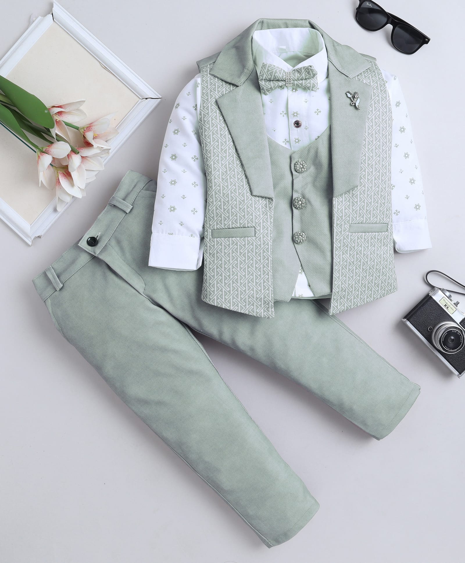 Fourfolds Cotton Blend Woven Full Sleeves Geometric Printed 3 Piece Party Suit Set With Bow - Light Green-image-49