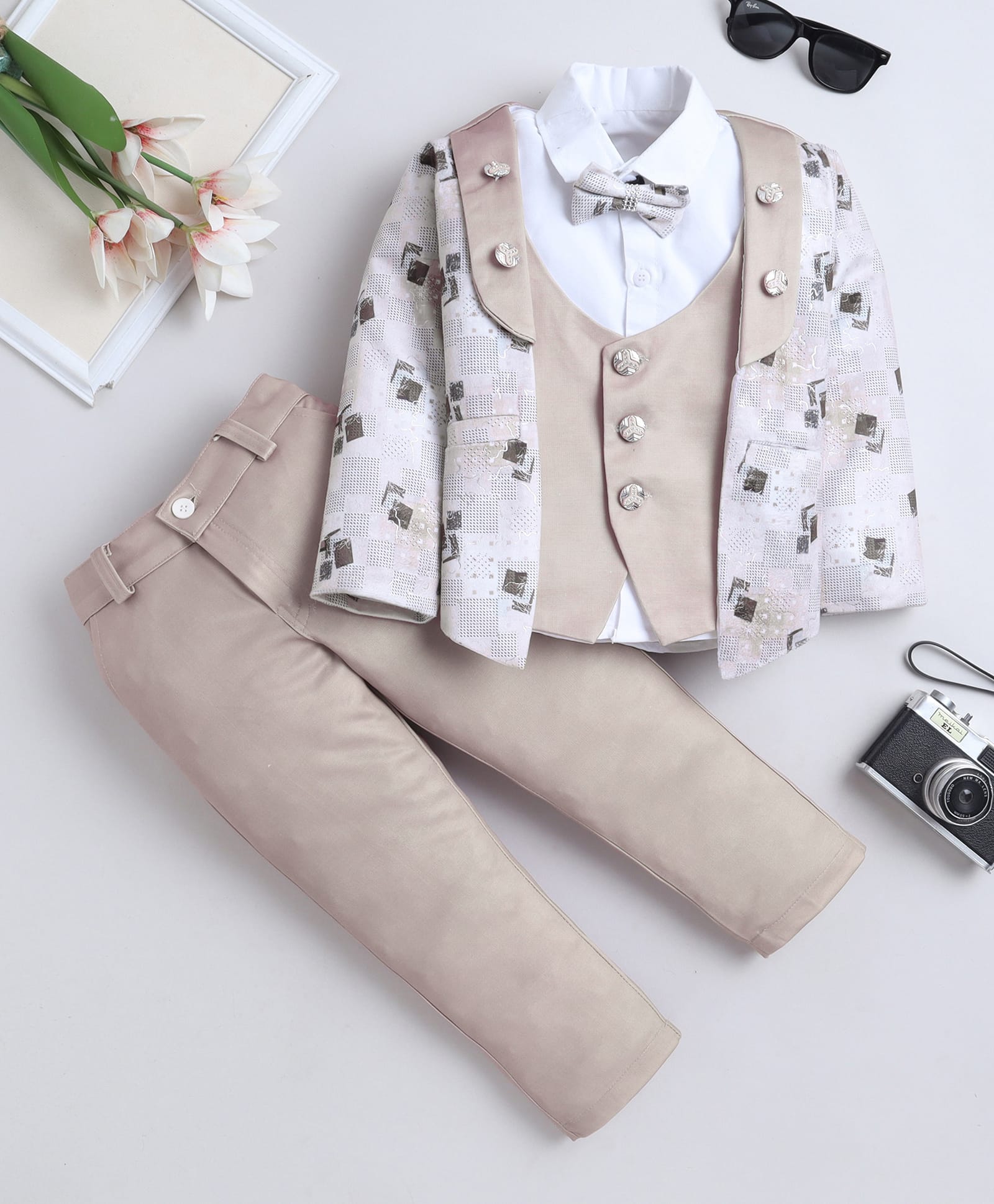 Fourfolds Cotton Blend Woven Full Sleeves Geometric Printed 3 Piece Party Suit Set With Bow - Beige-picture-18