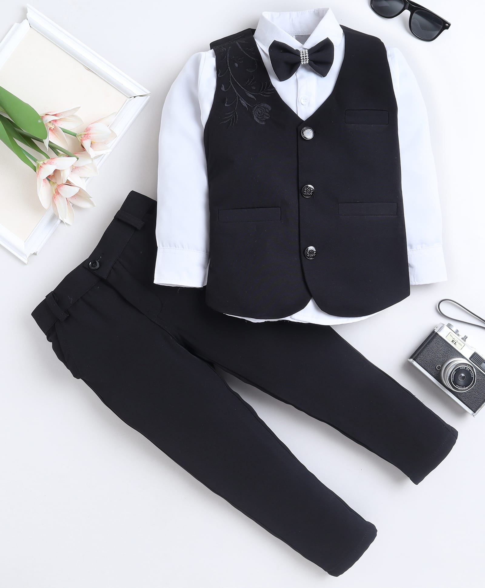 Fourfolds Cotton Blend Woven Full Sleeves Floral Embroidered 3 Piece Party Suit Set With Bow - Black-picture-21