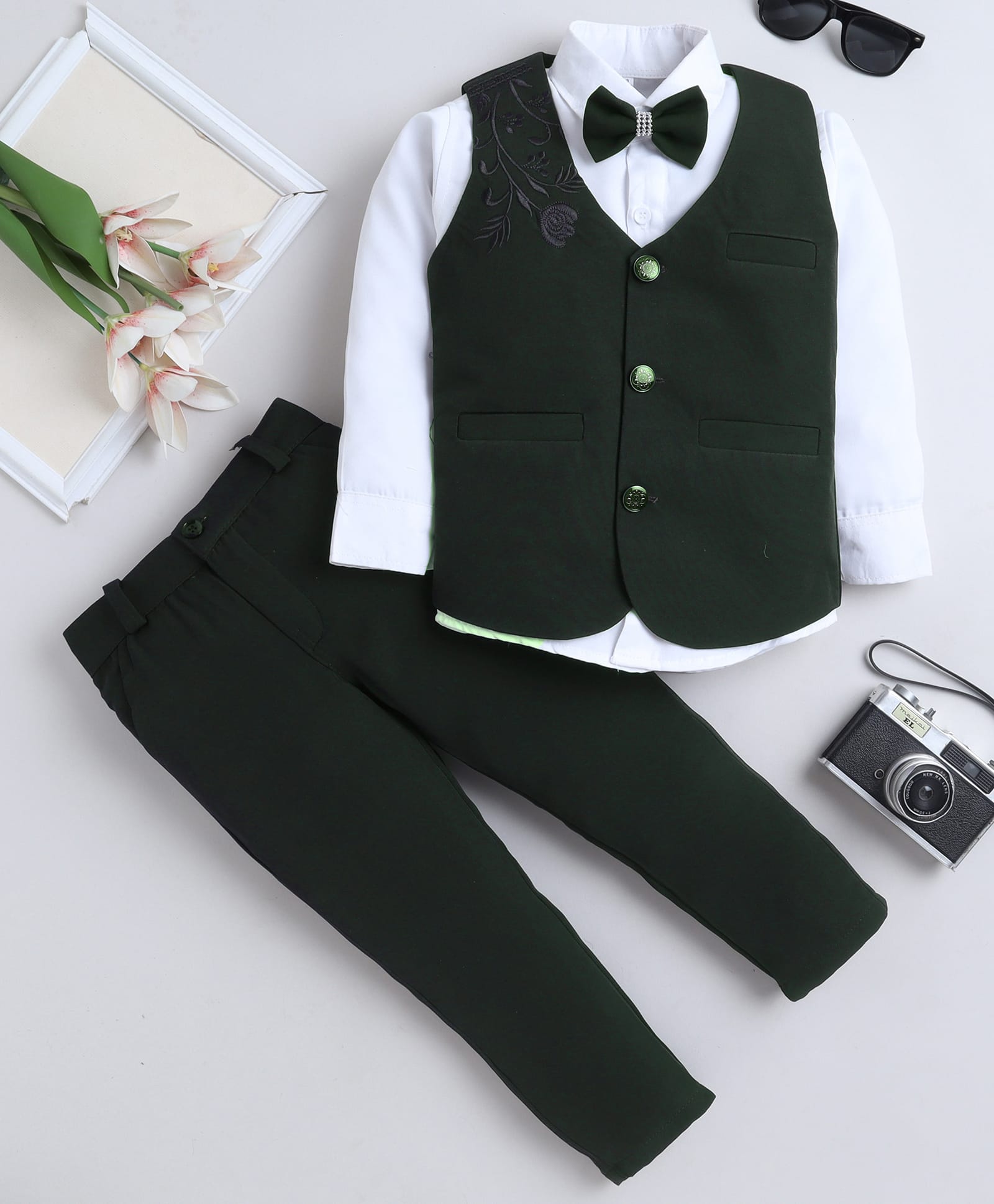 Fourfolds Cotton Blend Woven Full Sleeves Floral Embroidered 3 Piece Party Suit Set With Bow - Olive Green-picture-18