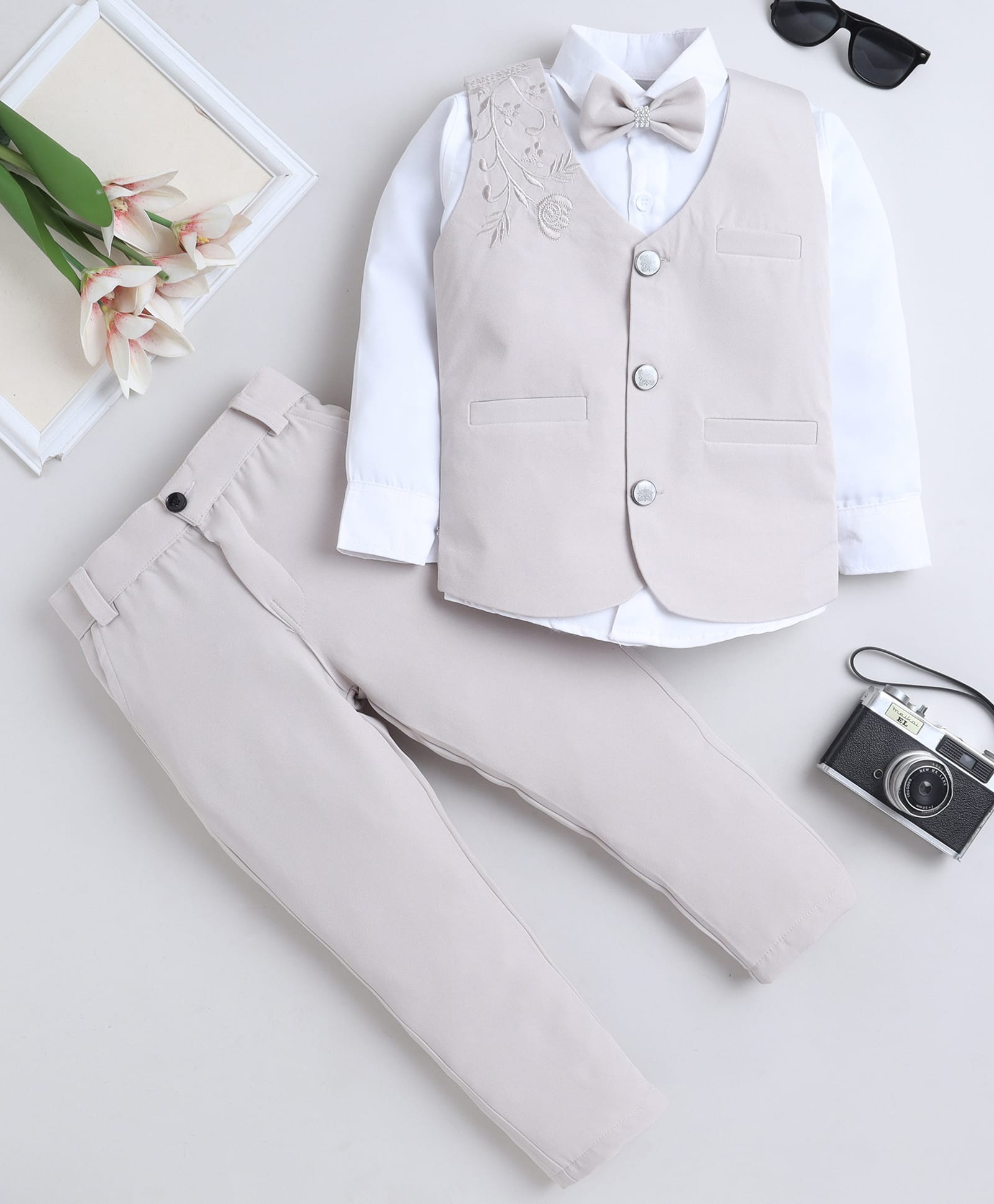 Fourfolds Cotton Blend Woven Full Sleeves Floral Embroidered 3 Piece Party Suit Set With Bow - Beige-image-25