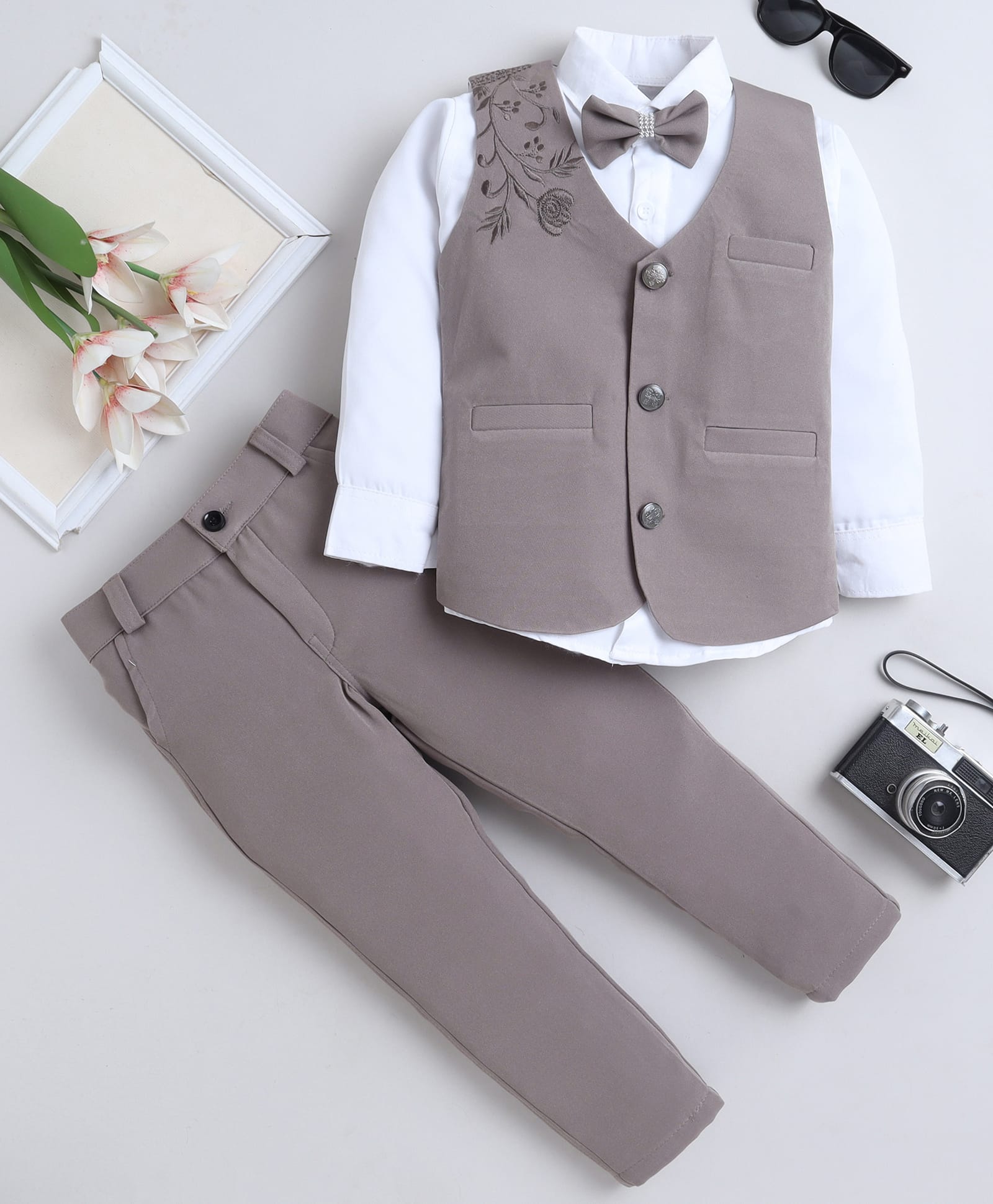 Fourfolds Cotton Blend Woven Full Sleeves Floral Embroidered 3 Piece Party Suit Set With Bow - Taupe-image-30