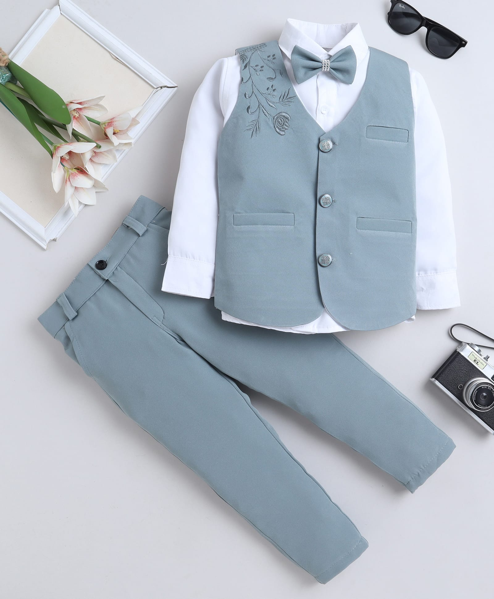 Fourfolds Cotton Blend Woven Full Sleeves Floral Embroidered 3 Piece Party Suit Set With Bow - Ice Blue-image-26
